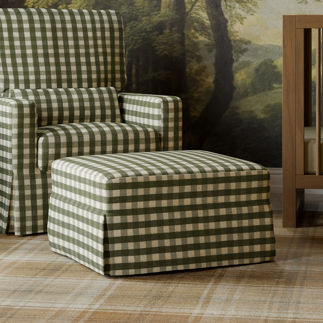Namesake Crawford Gliding Ottoman - Moss Green Gingham.