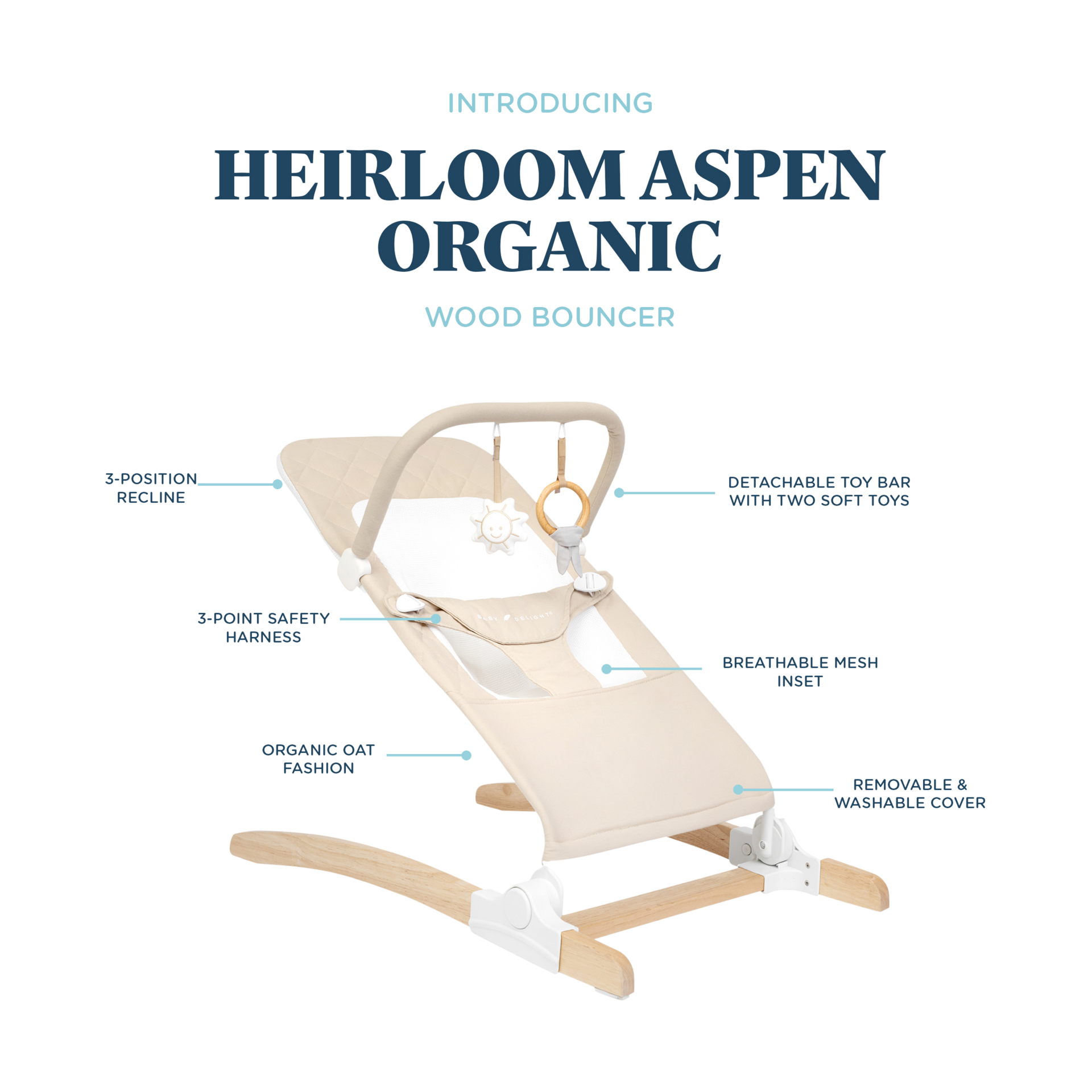 Baby Delight Heirloom Aspen Organic Wooden Bouncer - Organic Oat.