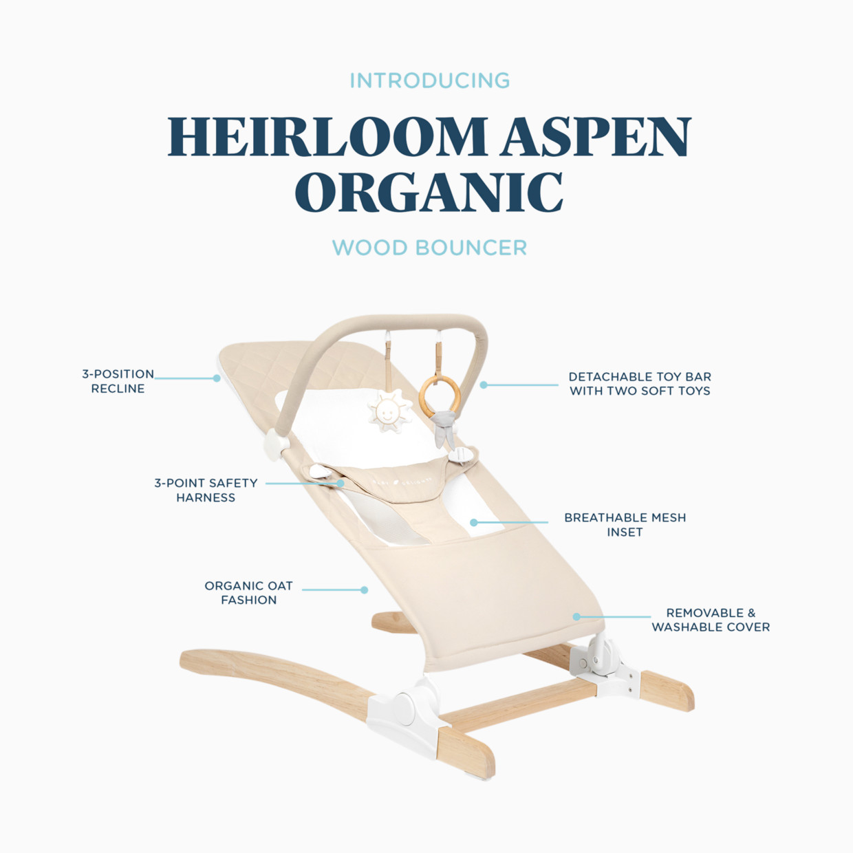 Baby Delight Heirloom Aspen Organic Wooden Bouncer - Organic Oat.