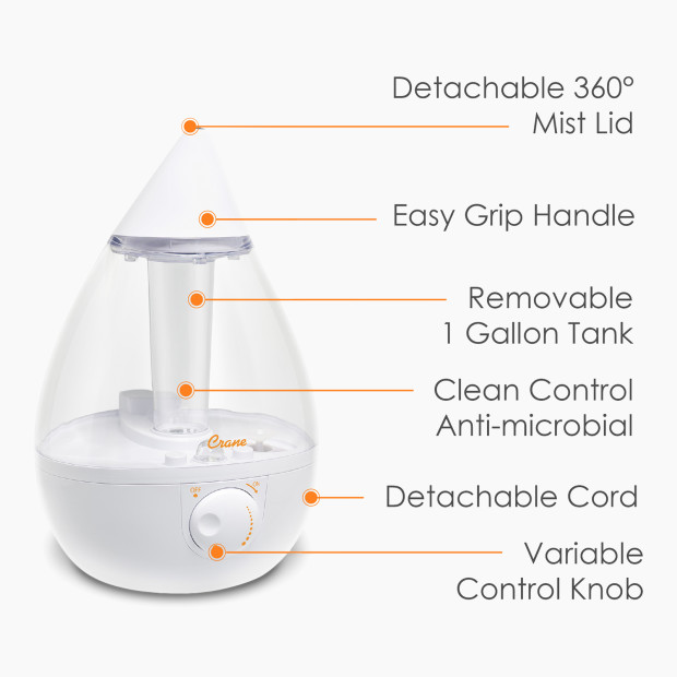 Crane Drop Ultrasonic Cool Mist Humidifier - 1 Gallon - White/Clear.