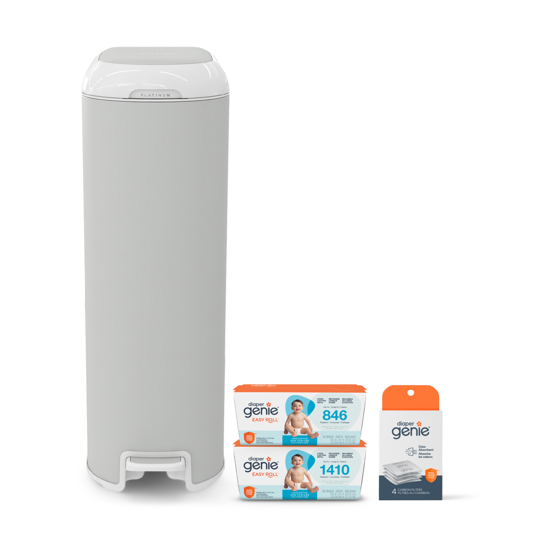 Diaper Genie Platinum Stainless Steel Diaper Pail Gift Set.