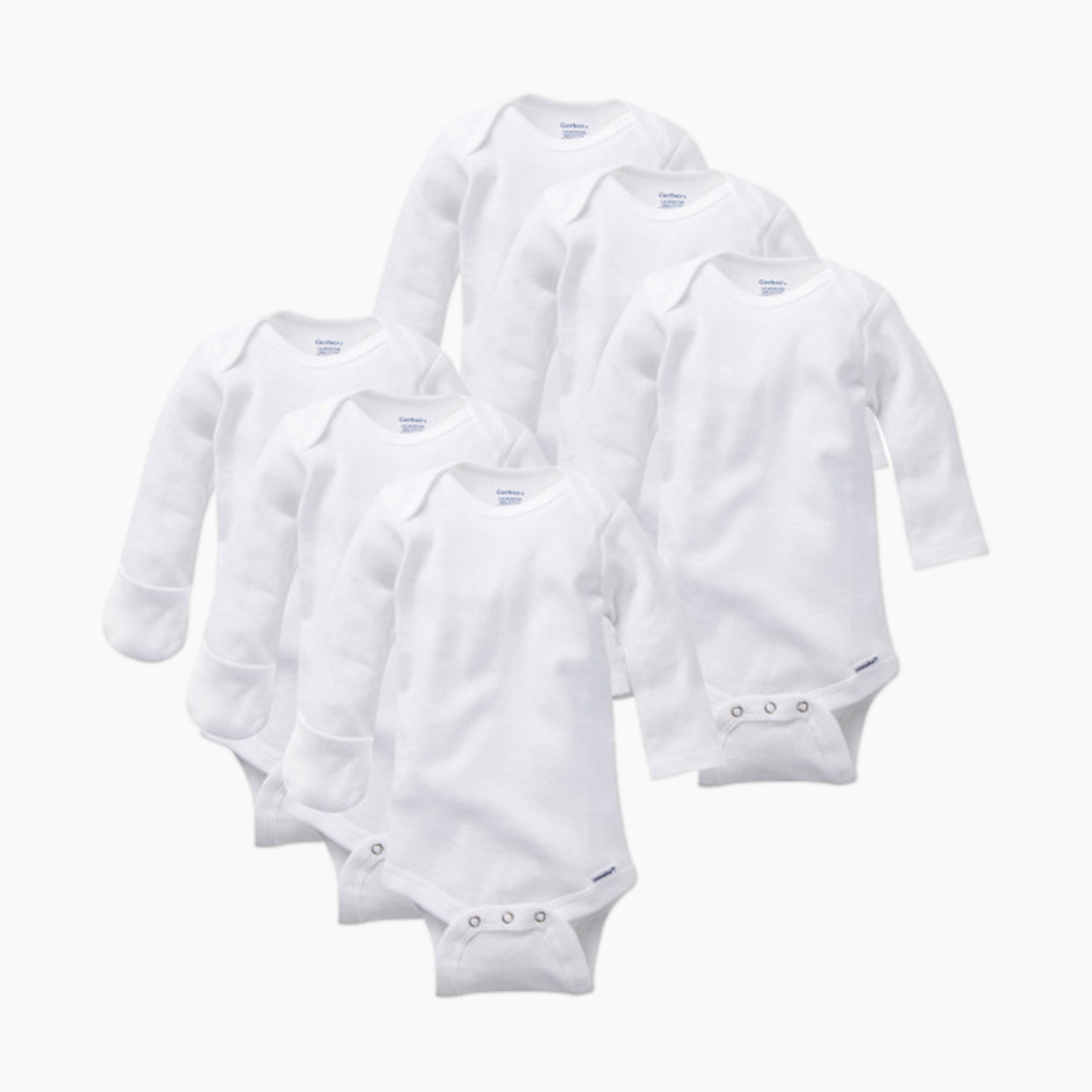Gerber Long Sleeve Solid Onesies Bodysuit with Mitten Cuffs (6 Pack) - White, 0-3 M.