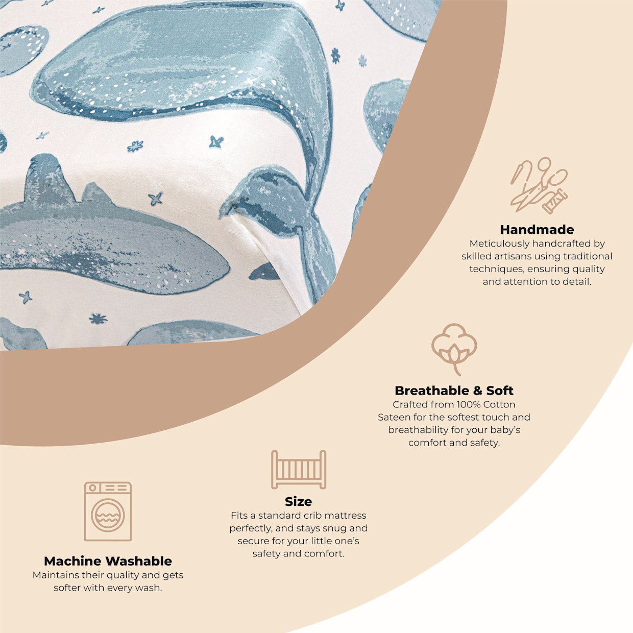 Crane Baby Cotton Sateen Crib Fitted Sheet - Caspian Whales.