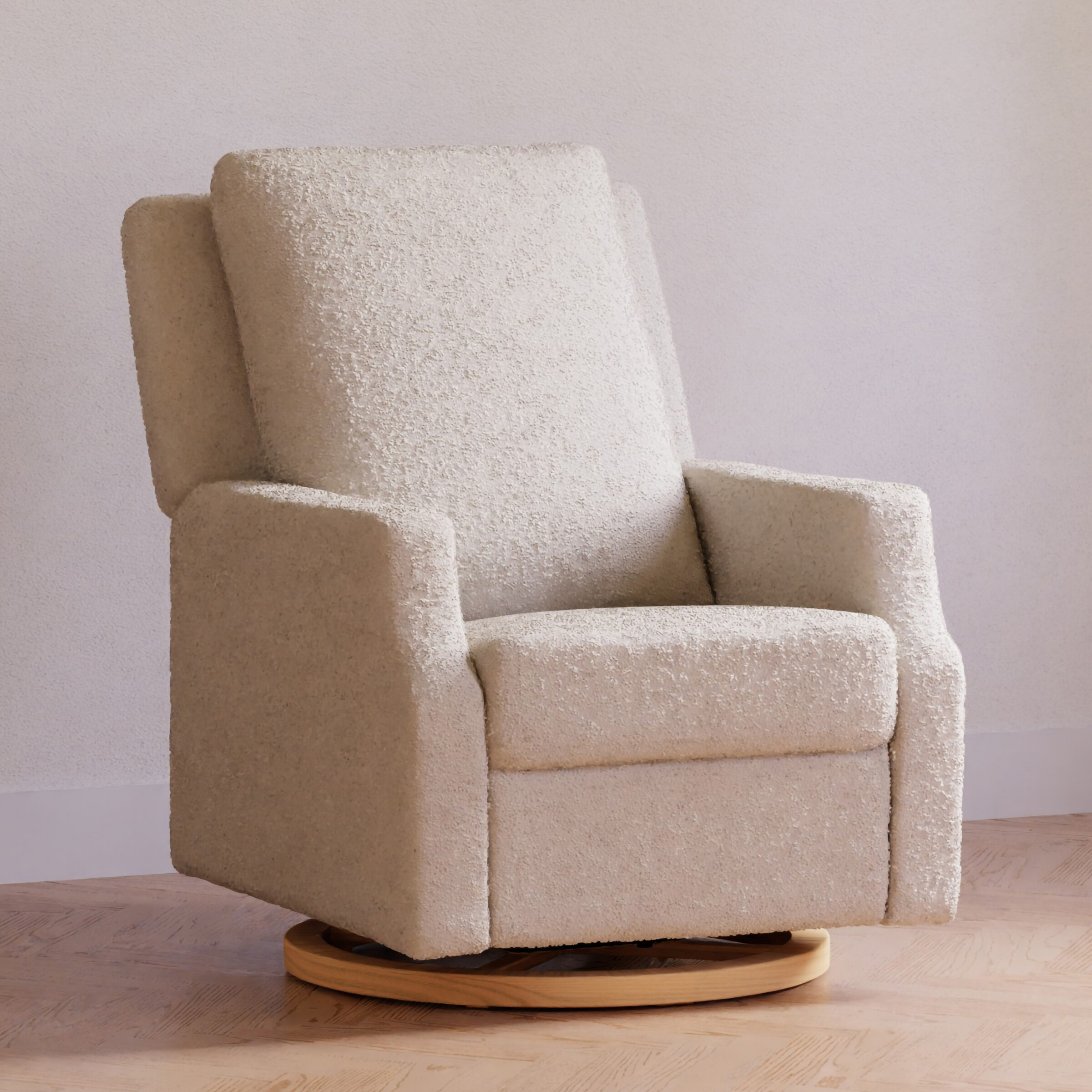 Namesake Crewe Electronic Recliner and Swivel Glider - Ivory Boucle With Light Wood Base.