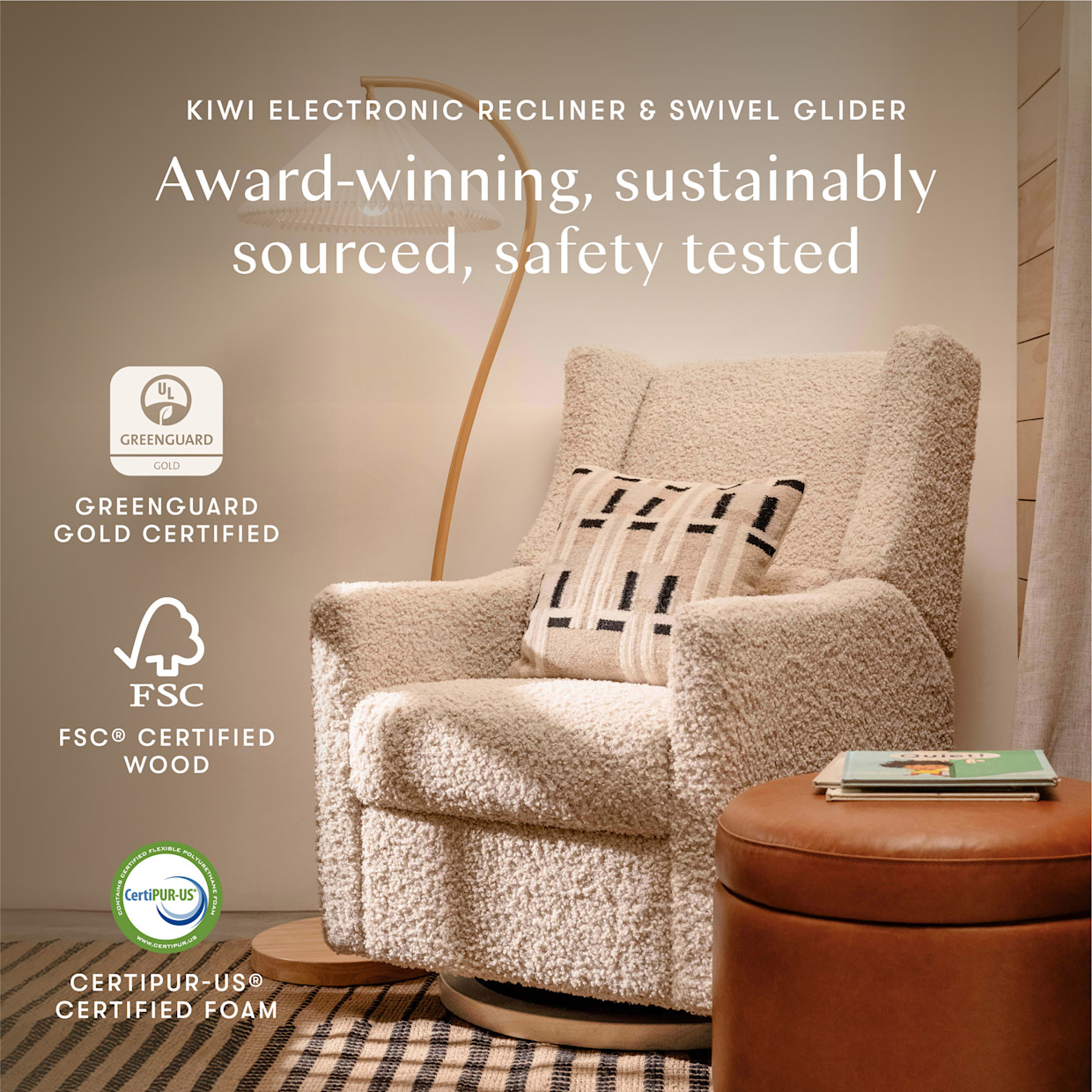 babyletto Kiwi Electronic Recliner and Swivel Glider - Almond Teddy Loop With Light Wood Base.
