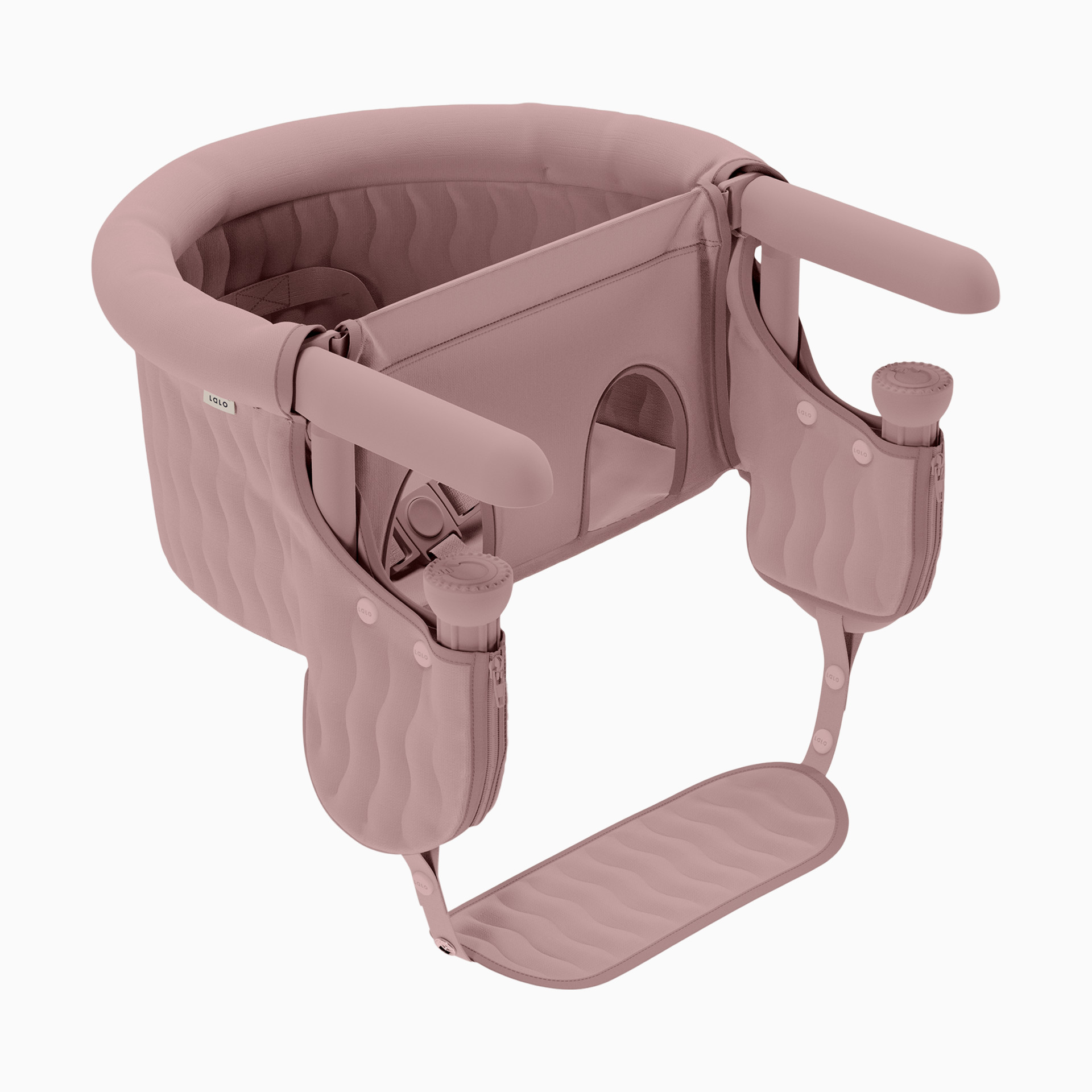 Side view of the pink Lalo high chair.