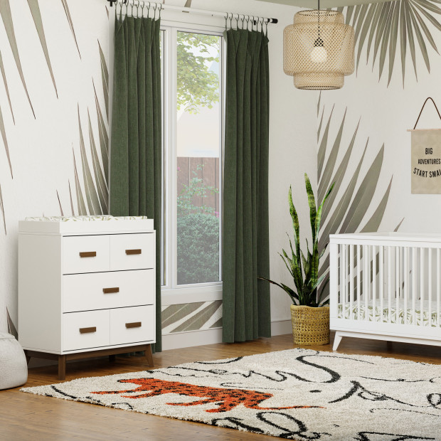 babyletto Scoot 3-Drawer Changer Dresser with Removable Changing Tray - White/Natural Walnut.