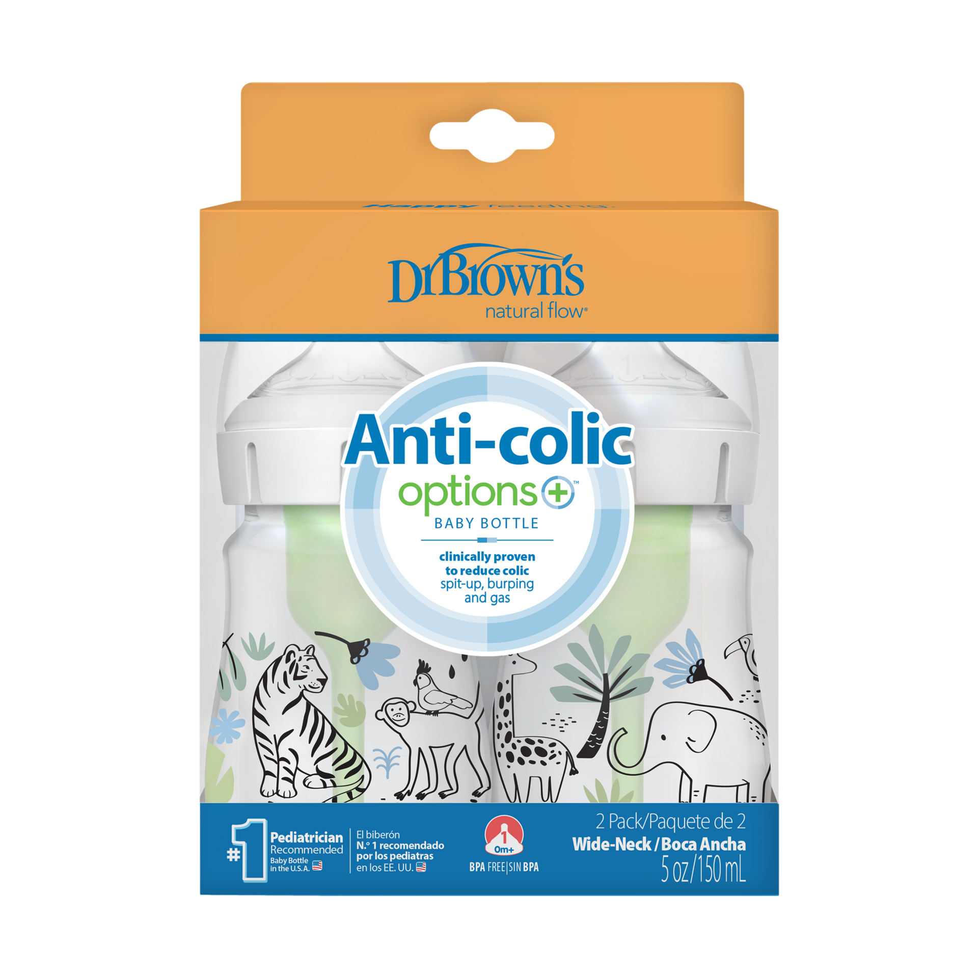 Dr. Brown's Anti-colic Options+ Wide-Neck Baby Bottle, 5oz (2 Pack).