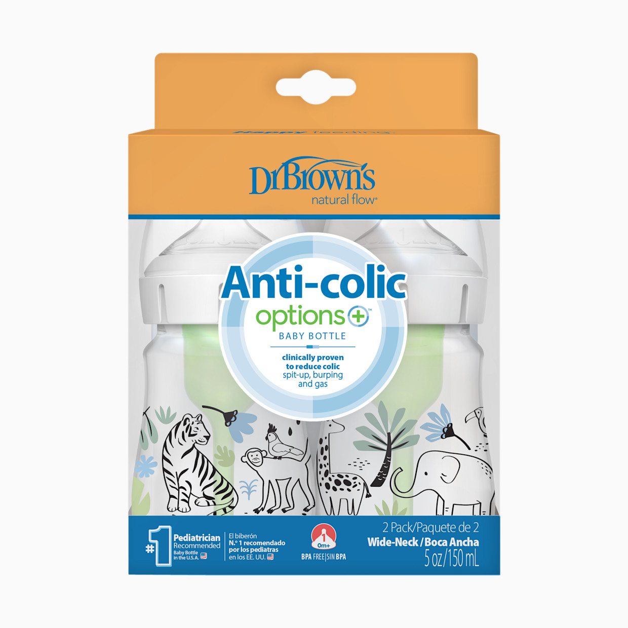 Dr. Brown's Anti-colic Options+ Wide-Neck Baby Bottle, 5oz (2 Pack) - Jungle Designs, 5 Oz.