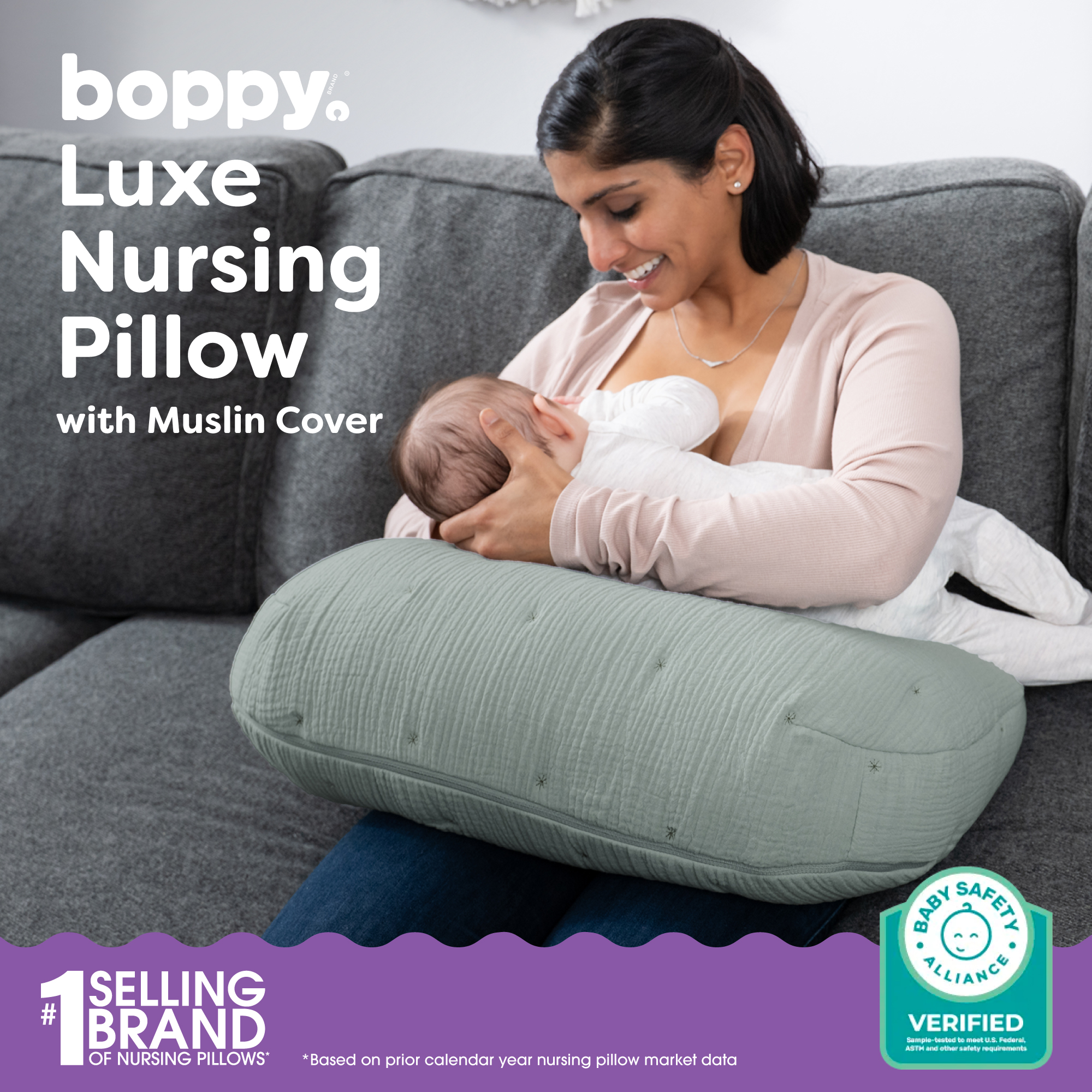 Boppy Nursing Pillow Luxe Muslin - Sea Green Muslin.