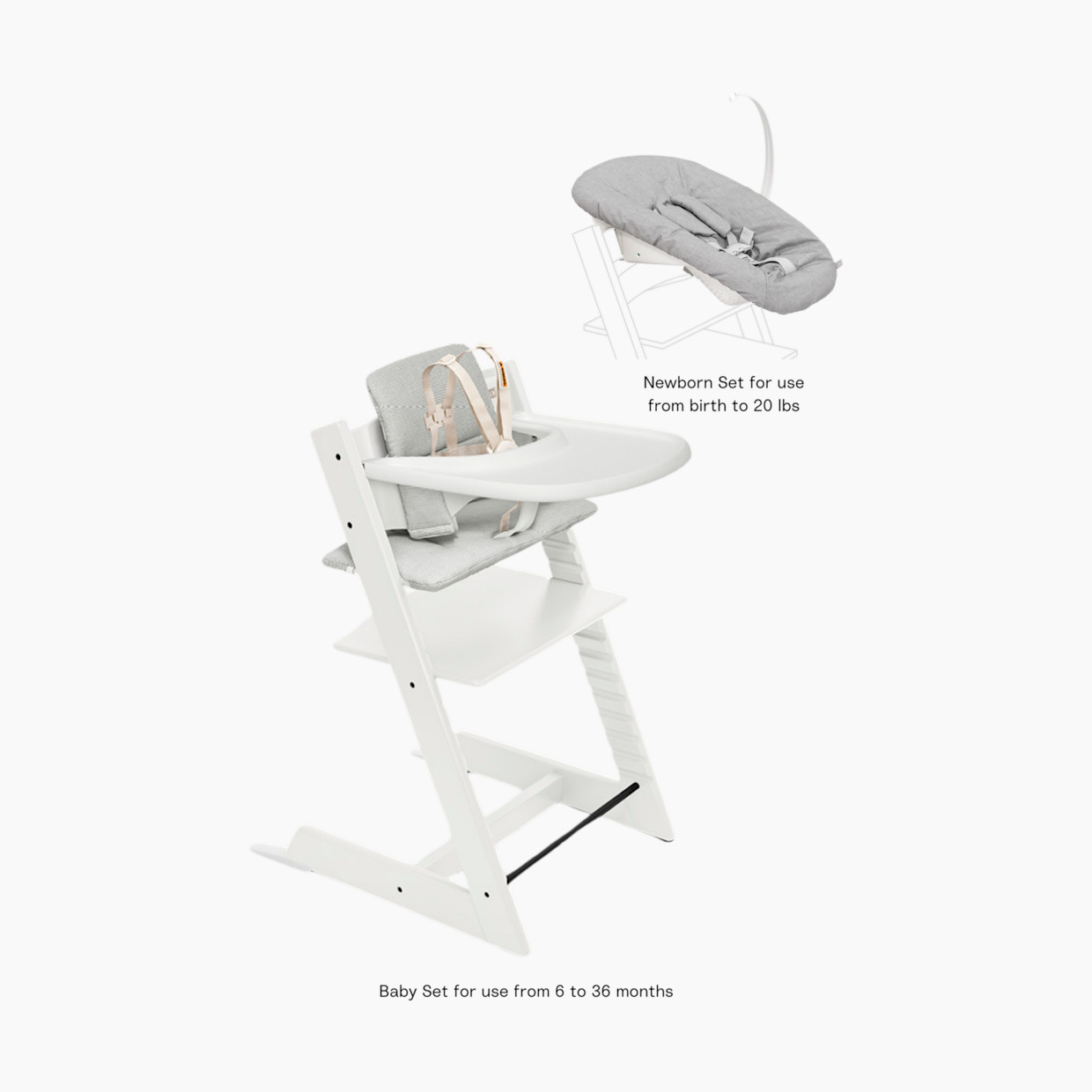 Stokke Tripp Trapp High Chair Complete² + Newborn Set - White/Nordic Cushion/White Tray.