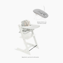 Stokke Tripp Trapp High Chair 2 (White) + Newborn Set + Cushion 2 (Nordic Grey) + Stokke Tray (White) - Includes Chair & Baby Set with Removable Harness for Children 6-36 Months