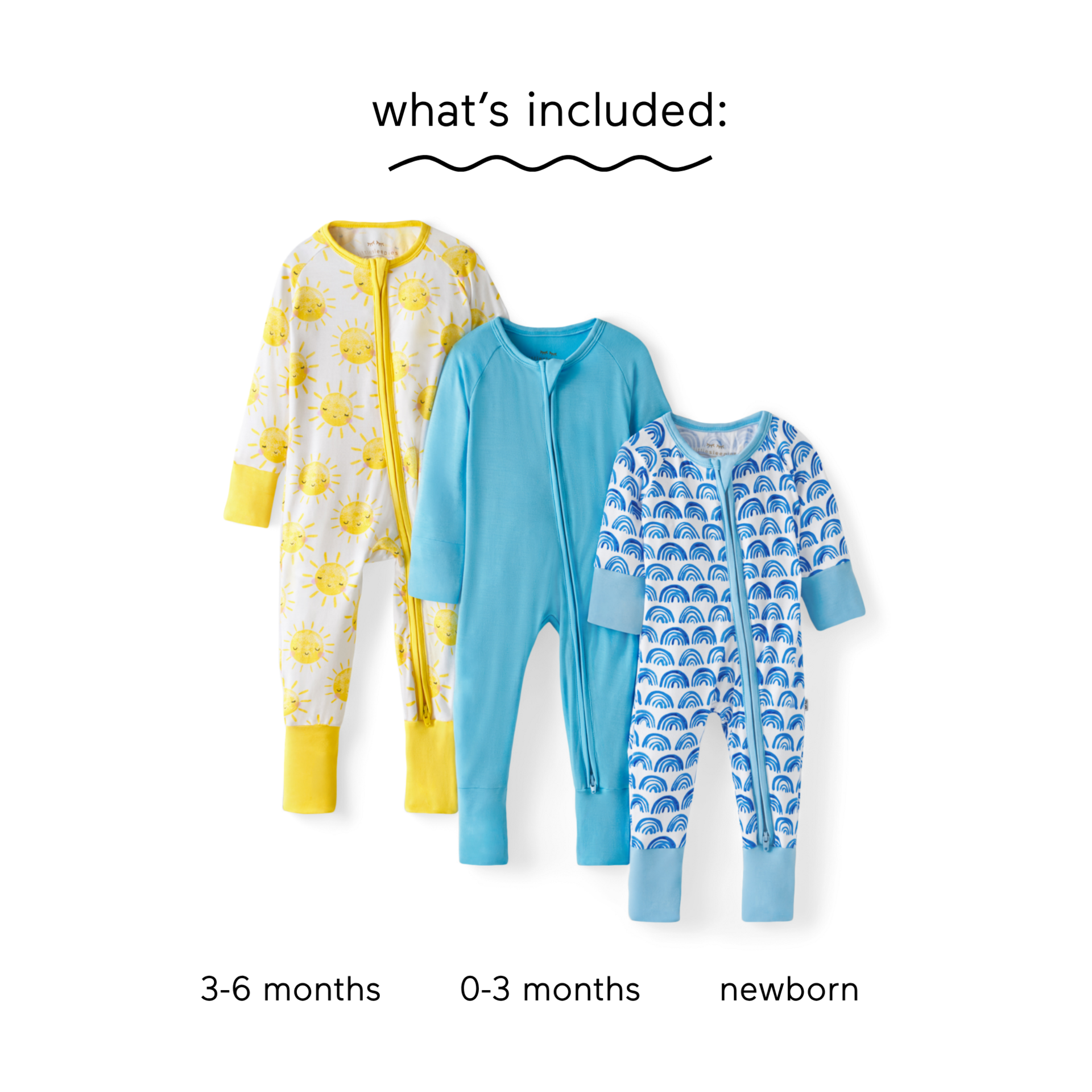 Little Sleepies Grow With Me Zippy Three Pack - Blue Rainbows, Newborn To 3-6 Months.