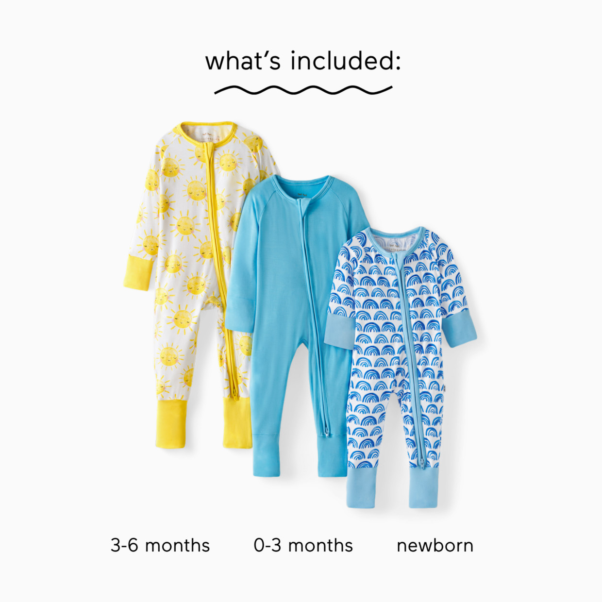 Little Sleepies Grow With Me Zippy Three Pack - Blue Rainbows, Newborn To 3-6 Months.