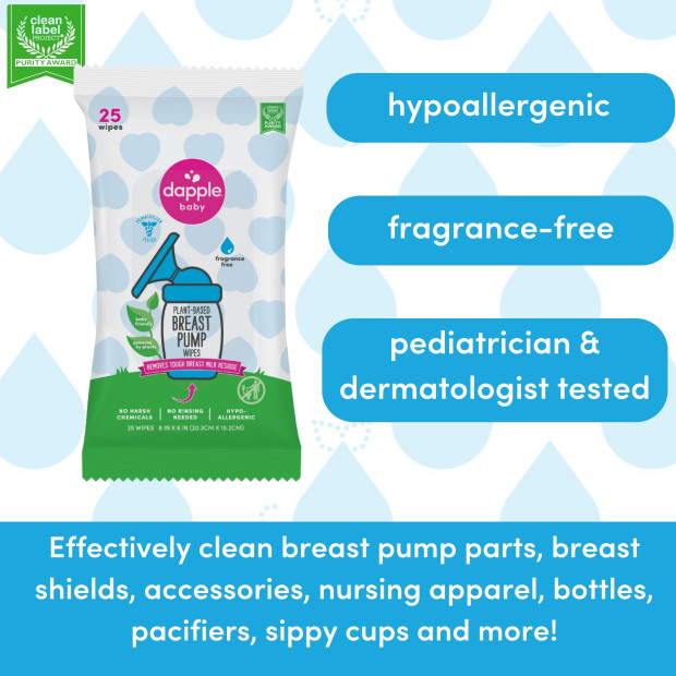 Dapple Breast Pump Cleaning Wipes (3 Pack) - Pink, Fragrance-Free, 25.