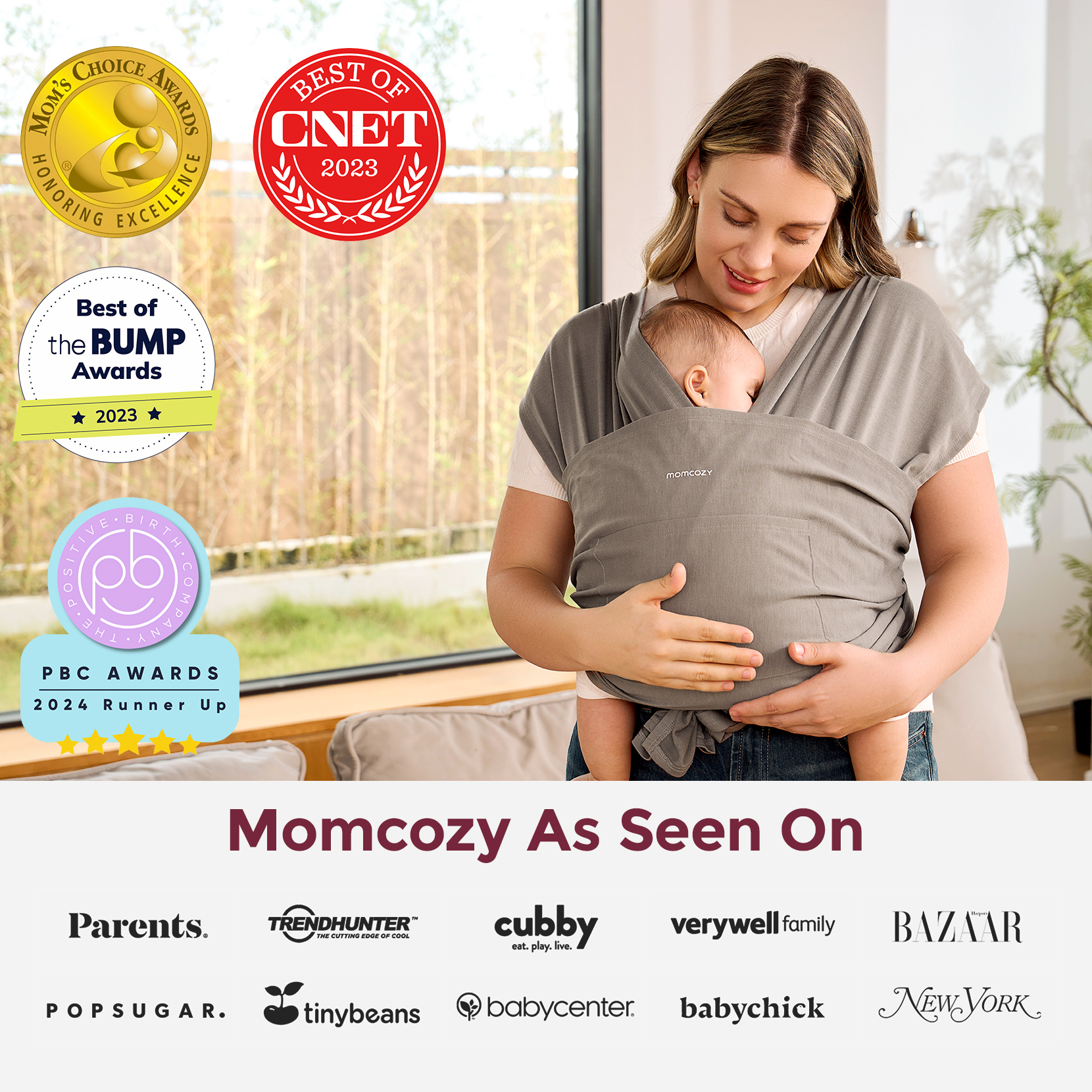 Momcozy Easy to Wear Hands Free - Baby Wrap Carrier - Brown.