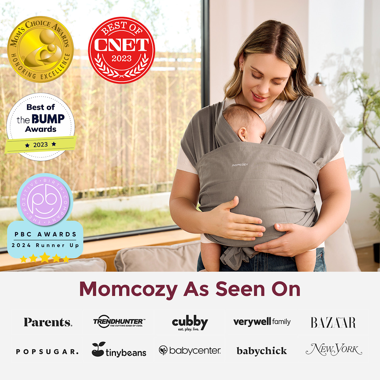 Momcozy Easy to Wear Hands Free - Baby Wrap Carrier - Brown.
