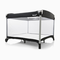 Joovy Room² Large Portable Playpen for Babies and Toddlers with Nearly 10 sq ft of Space, Large Mesh Windows for 360 View, and Waterproof Mattress Sheet - Folds Easily when Not in Use (Black)