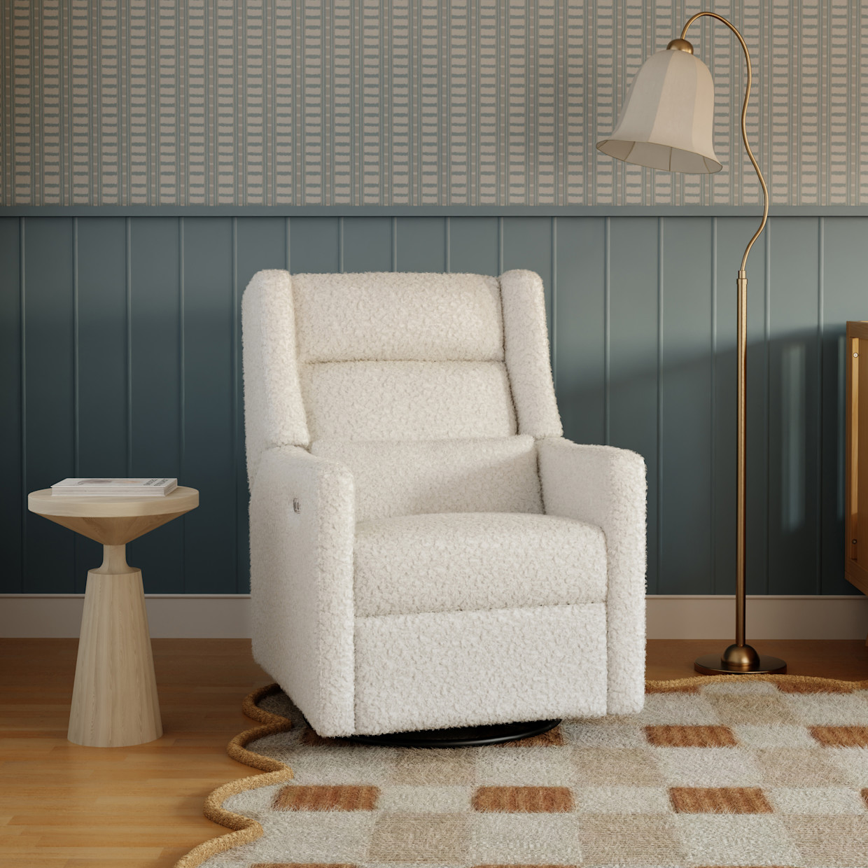 babyletto Kiwi Plus Power Recliner and Swivel Glider - Cream Shearling.