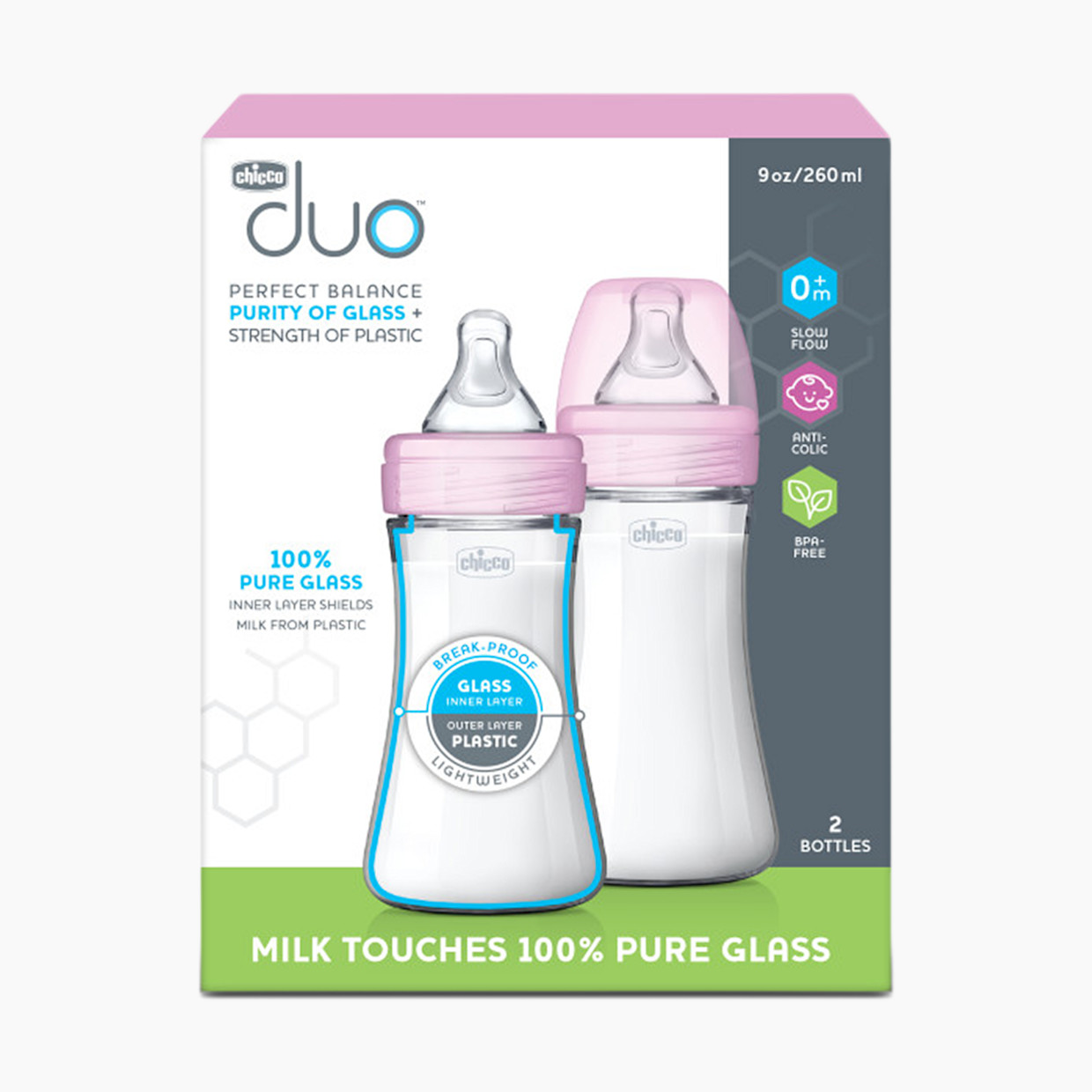 Chicco Duo Hybrid Baby Bottles with Invinci-Glass - Pink, 9 Oz.
