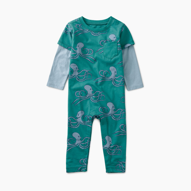 Tea Collection Layered Sleeve Baby Romper - Octopus On The Go In Green, 0-3 M.