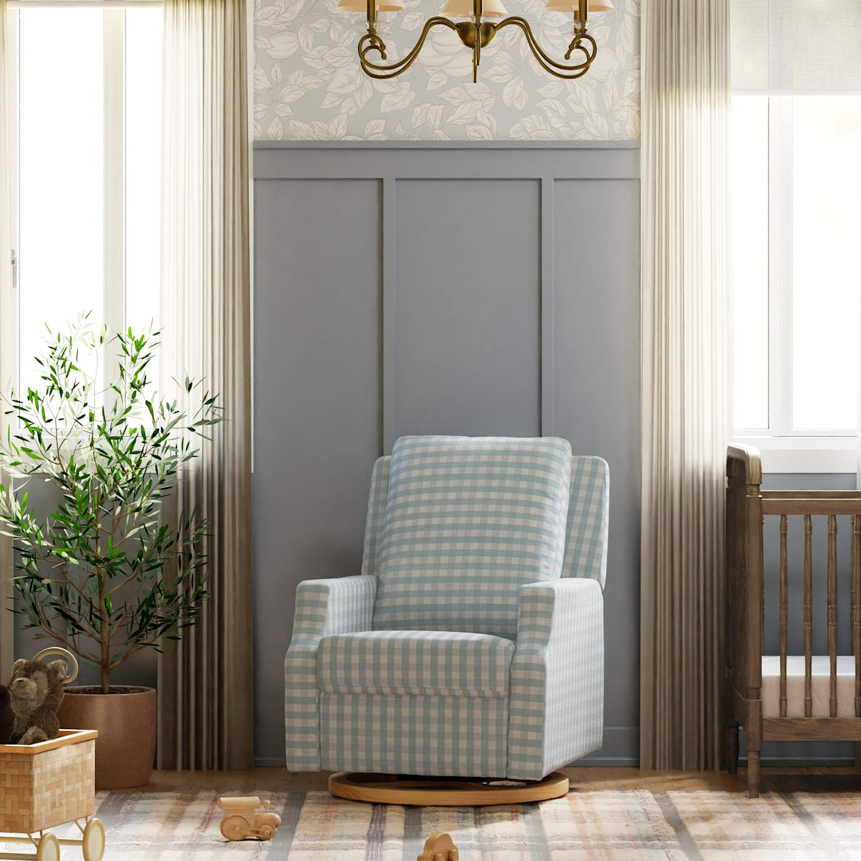 Namesake Crewe Recliner and Swivel Glider - Blue Gingham With Light Wood Base.