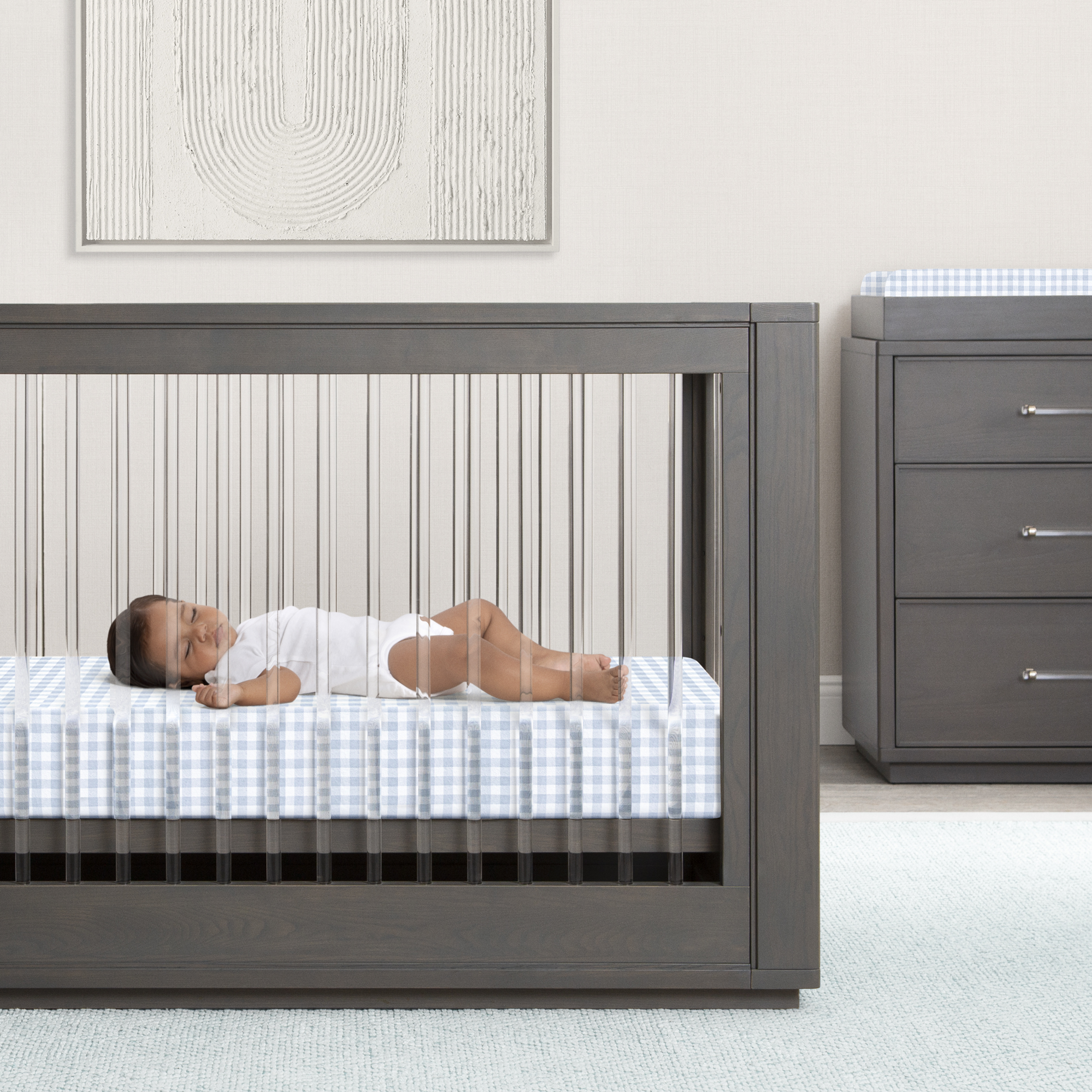 Bellini Organic Jersey Cotton Crib Sheet and Changing Pad Cover Set - Blue Gingham.