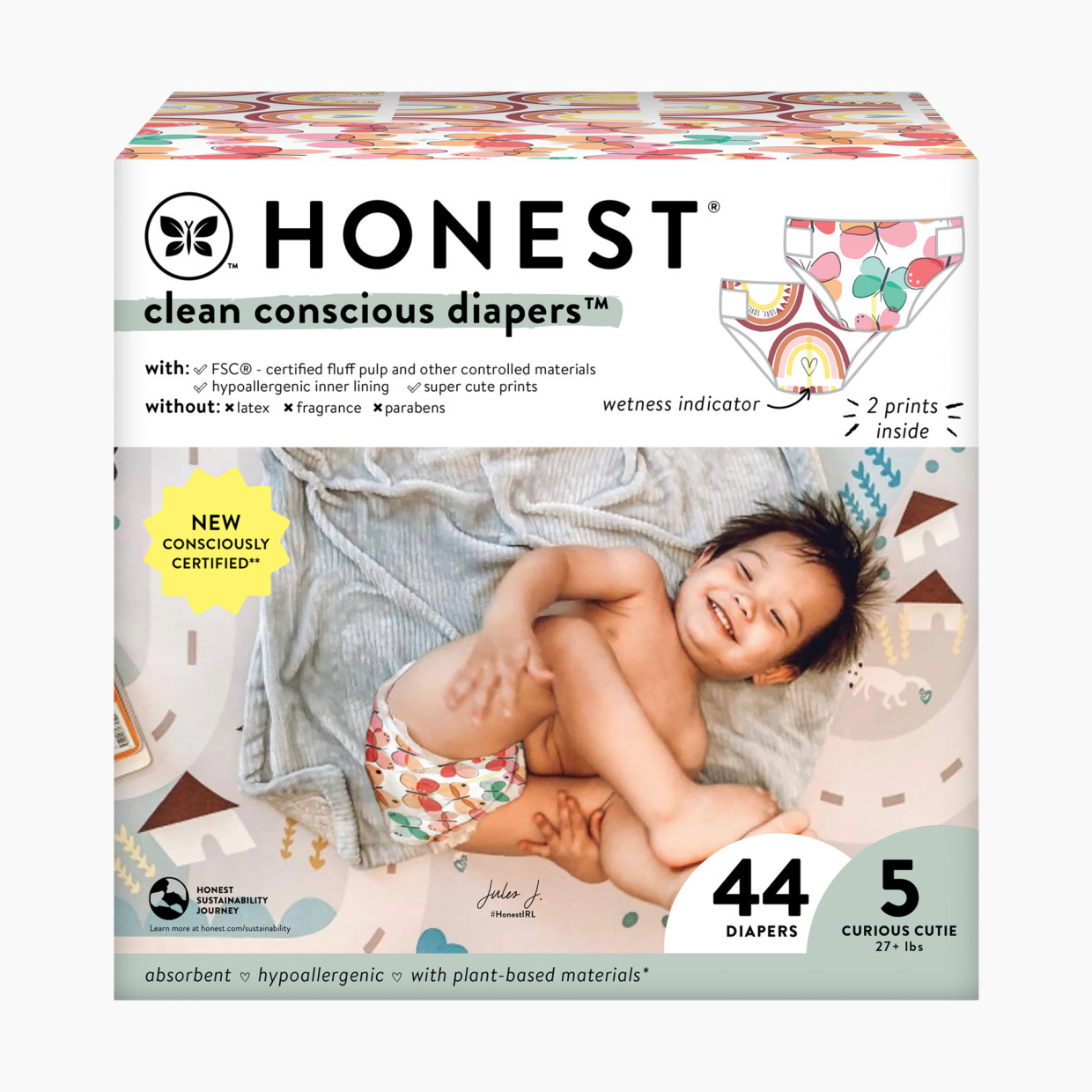 The Honest Company Clean Conscious Disposable Diapers - Wingin It + Catching Rainbows, Size 5, 44 Count.