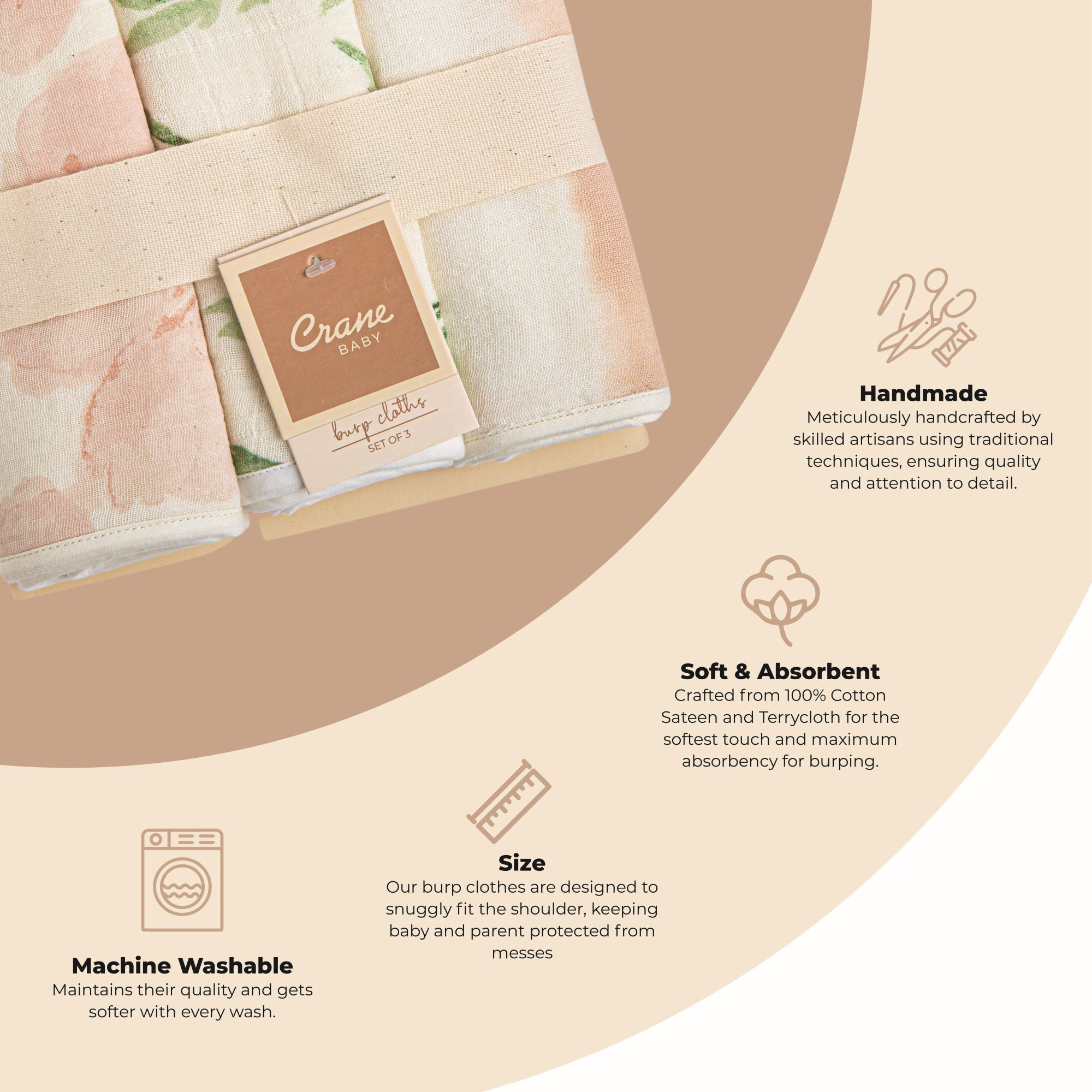 Crane Baby Cotton Muslin and Terry Burp Cloth Set (3 Pack) Parker