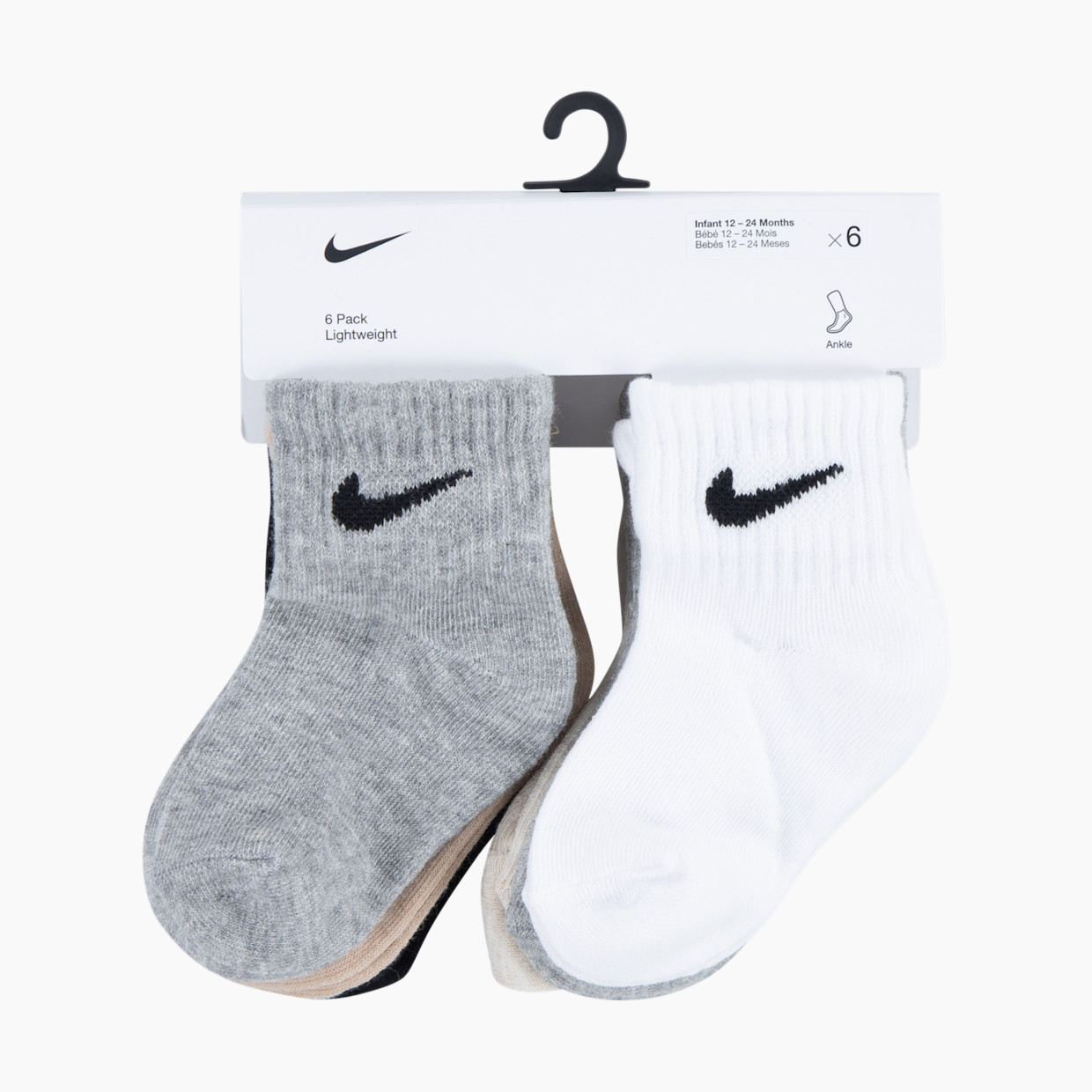 Nike Swoosh Ankle Socks (6 Pack) - Dark Grey Heather/Black, 6-12 M.