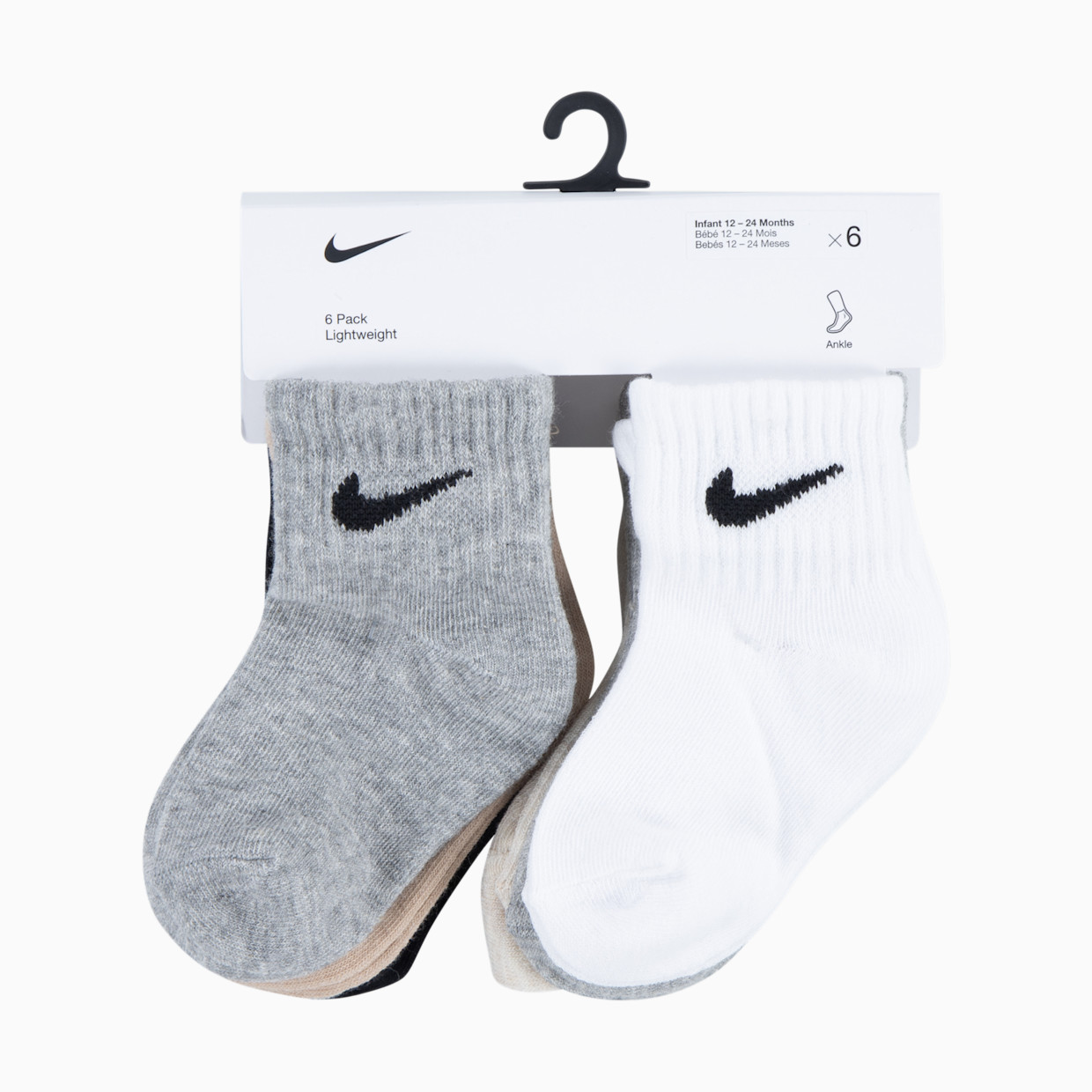 Nike Swoosh Ankle Socks (6 Pack) - Dark Grey Heather/Black, 6-12 M.
