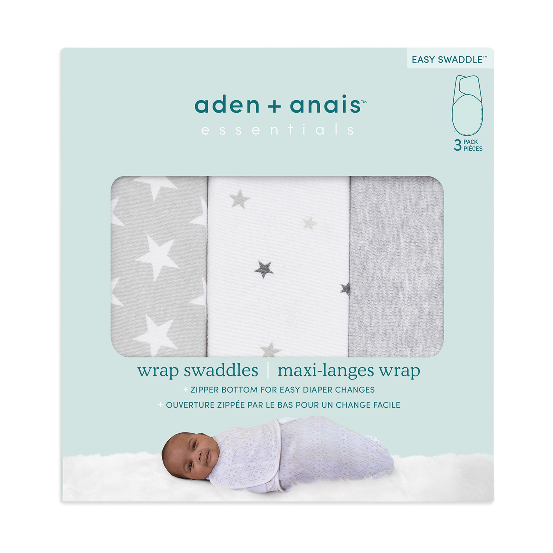Aden + Anais Essentials Cotton Wrap Swaddles (3 Pack) - Twinkle, 0-3 Months, 3.