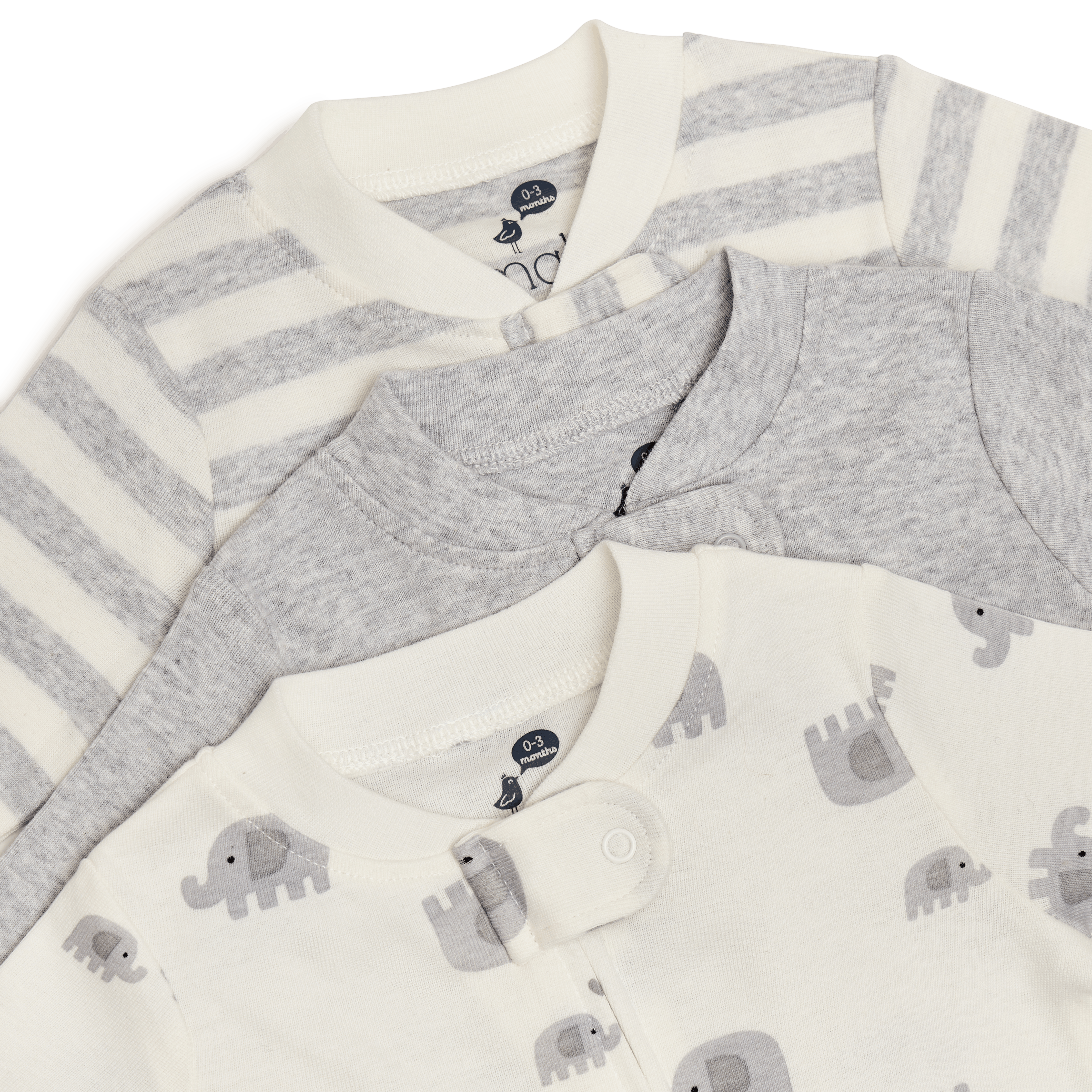 Small Story Organic Cotton 2-Way Zip Footie (3 Pack) - Elephant & Stripe & Heather Gray Solid, 0-3 M.