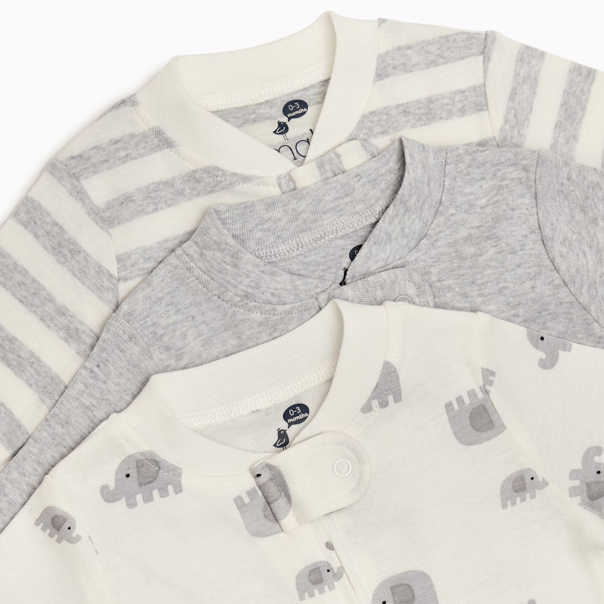 Small Story Organic Cotton 2-Way Zip Footie (3 Pack) - Elephant & Stripe & Heather Gray Solid, 3-6 M.
