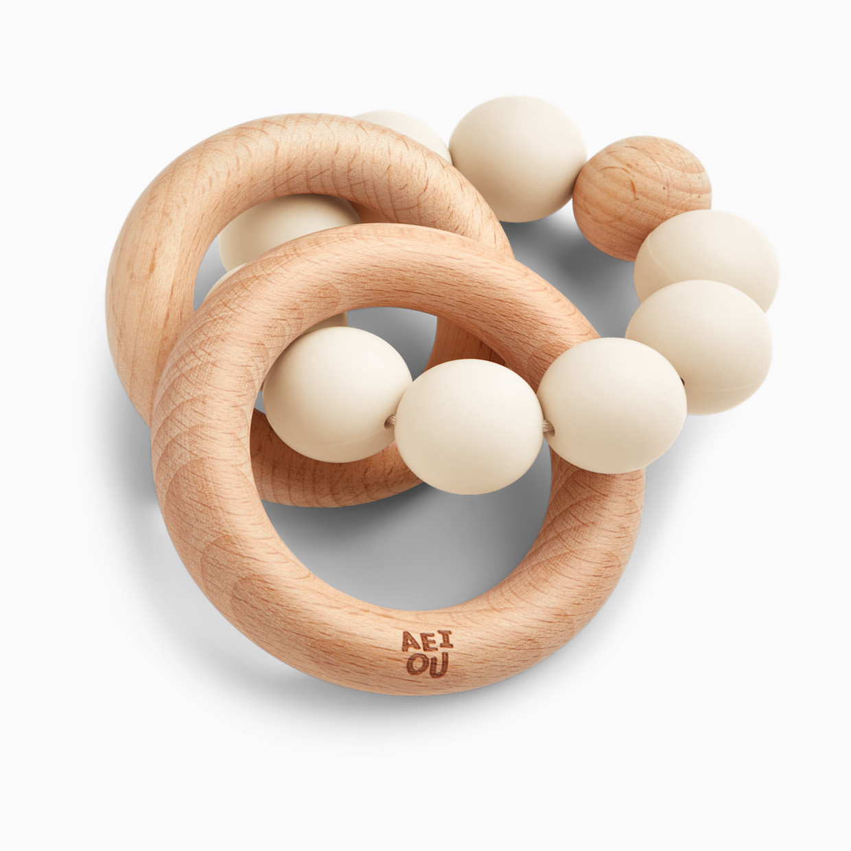 AEIOU Silicone & Wood Multi-Ring Teether - Oat Milk.