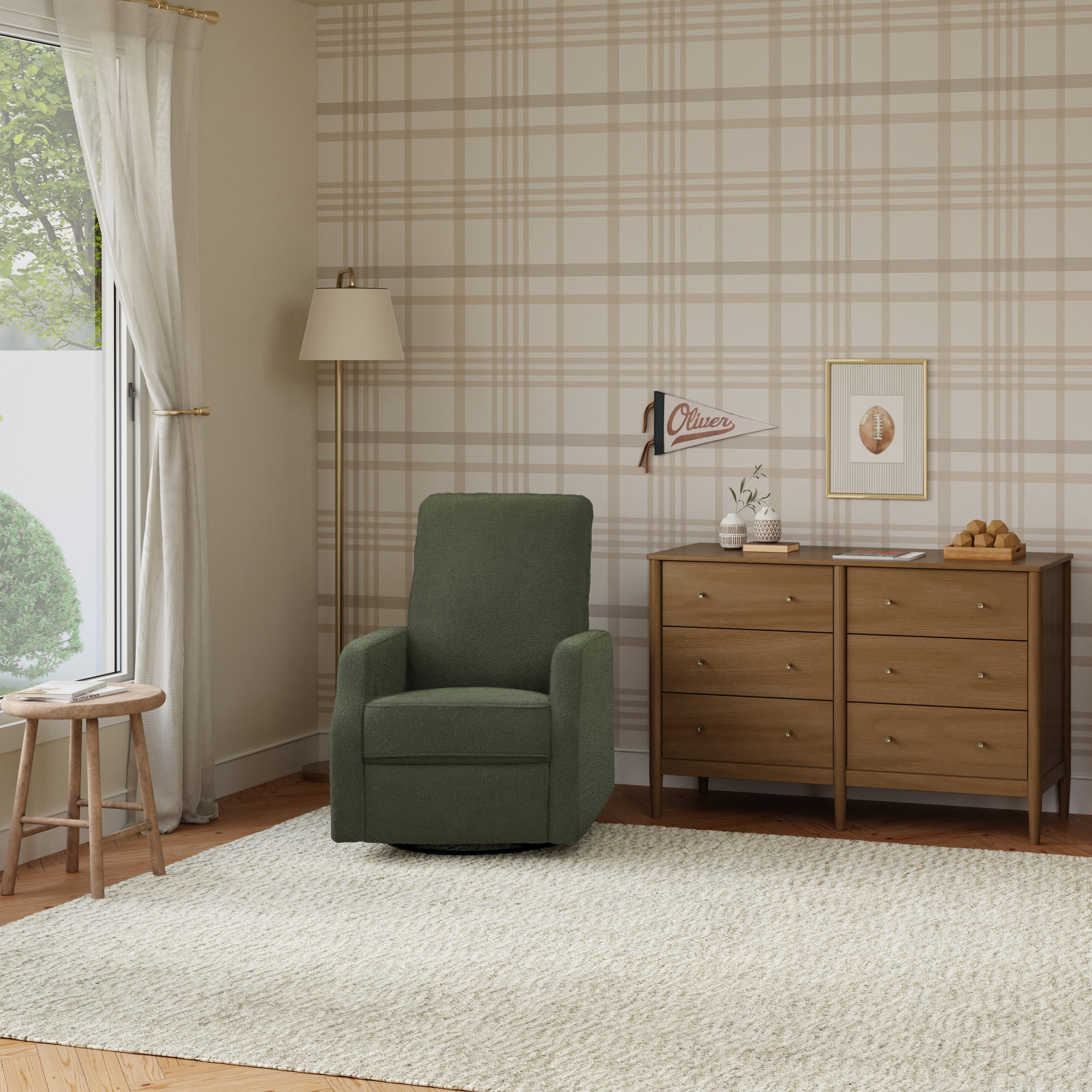daVinci Lucas Pillowback Manual Swivel Recliner - Cozy Olive Boucle.