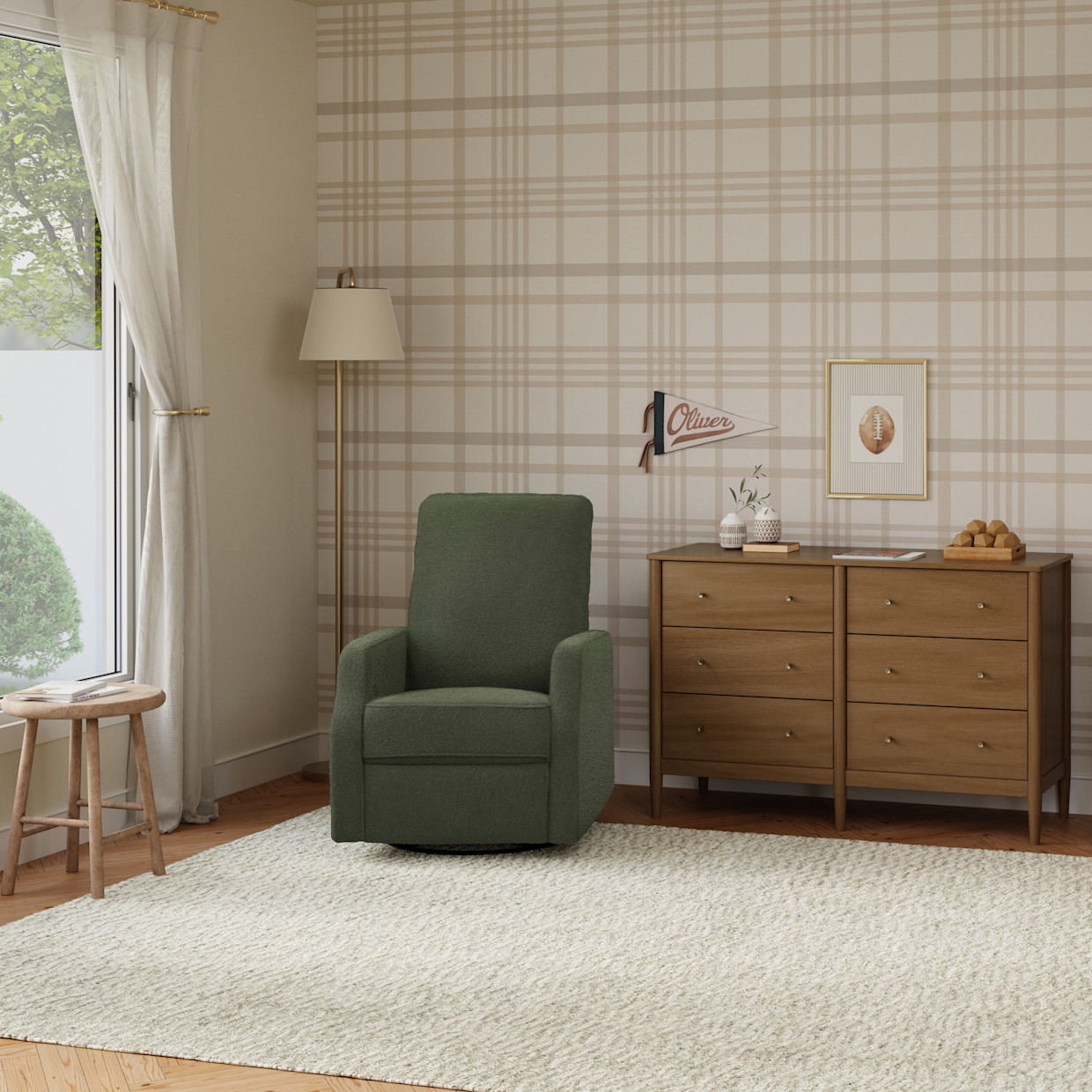 daVinci Lucas Pillowback Manual Swivel Recliner - Cozy Olive Boucle.