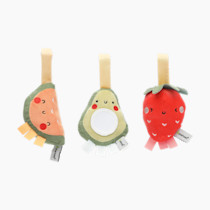 Pearhead Fruit Stroller Toys, Plush Interactive Toy Set for Baby Car Seat with Hanging Mirror, Babyu Car Mirror Toys, Strawberry Avocado Watermelon, Set of 3