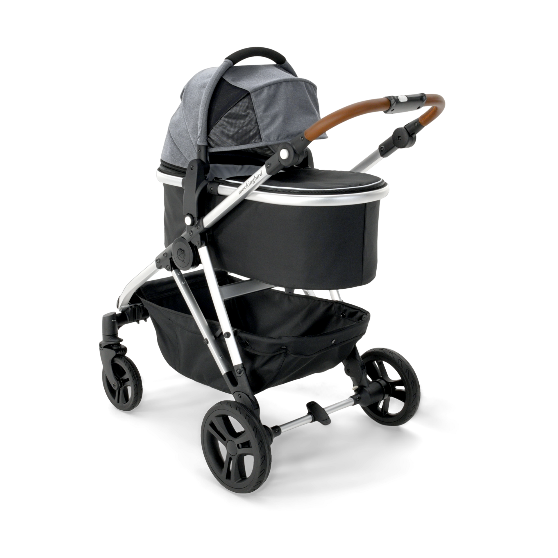 Mockingbird Single-to-Double Stroller 2.0 and Bassinet Bundle - Heather Grey Canopy With Black Leather.
