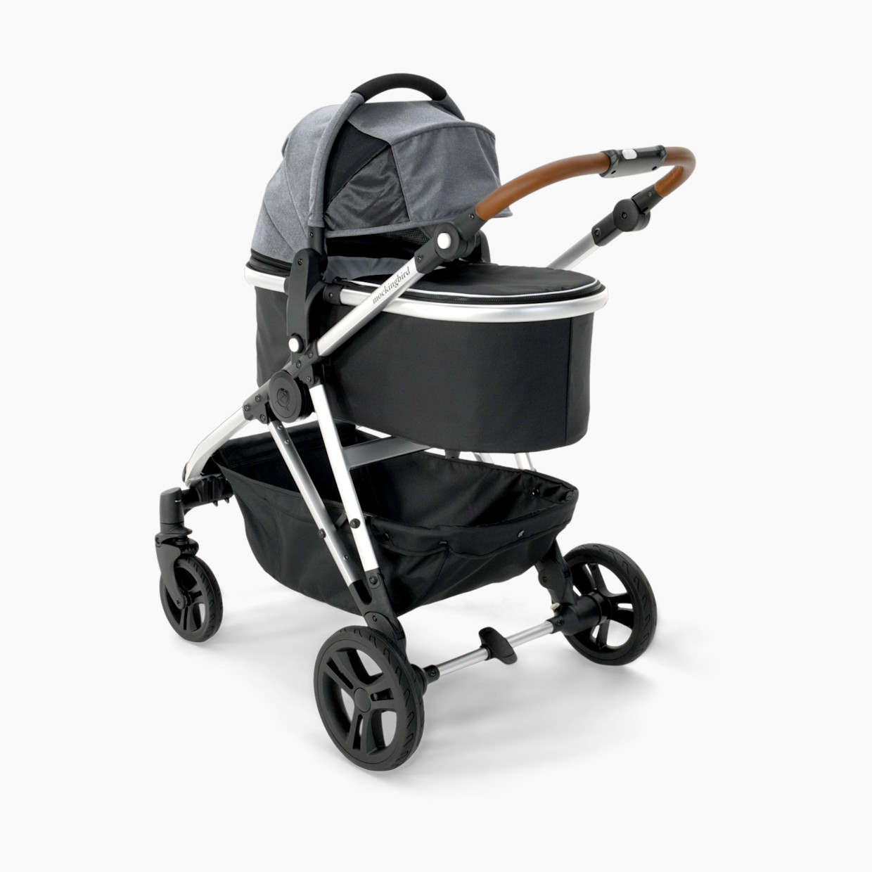 Mockingbird Single-to-Double Stroller 2.0 and Bassinet Bundle - Heather Grey Canopy With Black Leather.