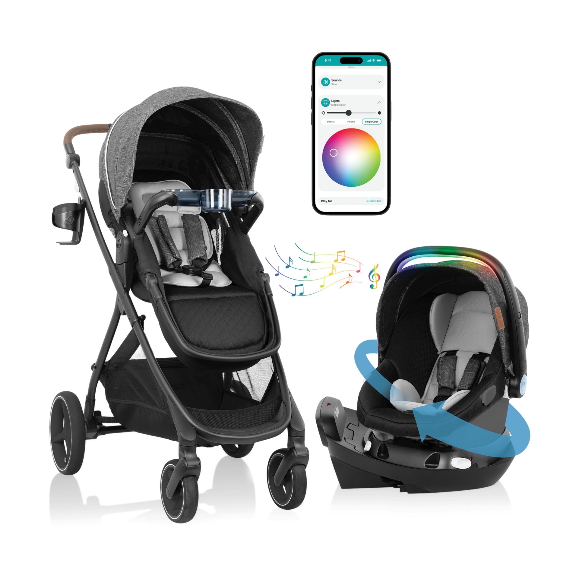 Evenflo Shyft Intuiti+ Travel System featuring Revolve180 LiteMax NXT with SensorySoothe - Angler Tweed.