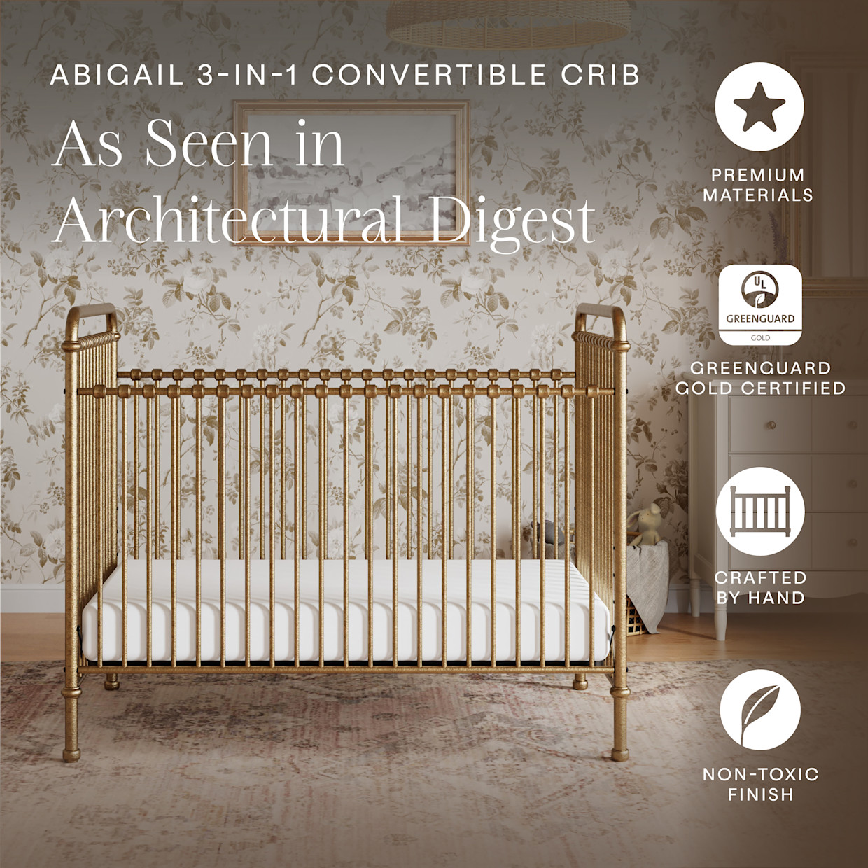 Namesake Abigail 3-in-1 Convertible Crib - Vintage Gold.