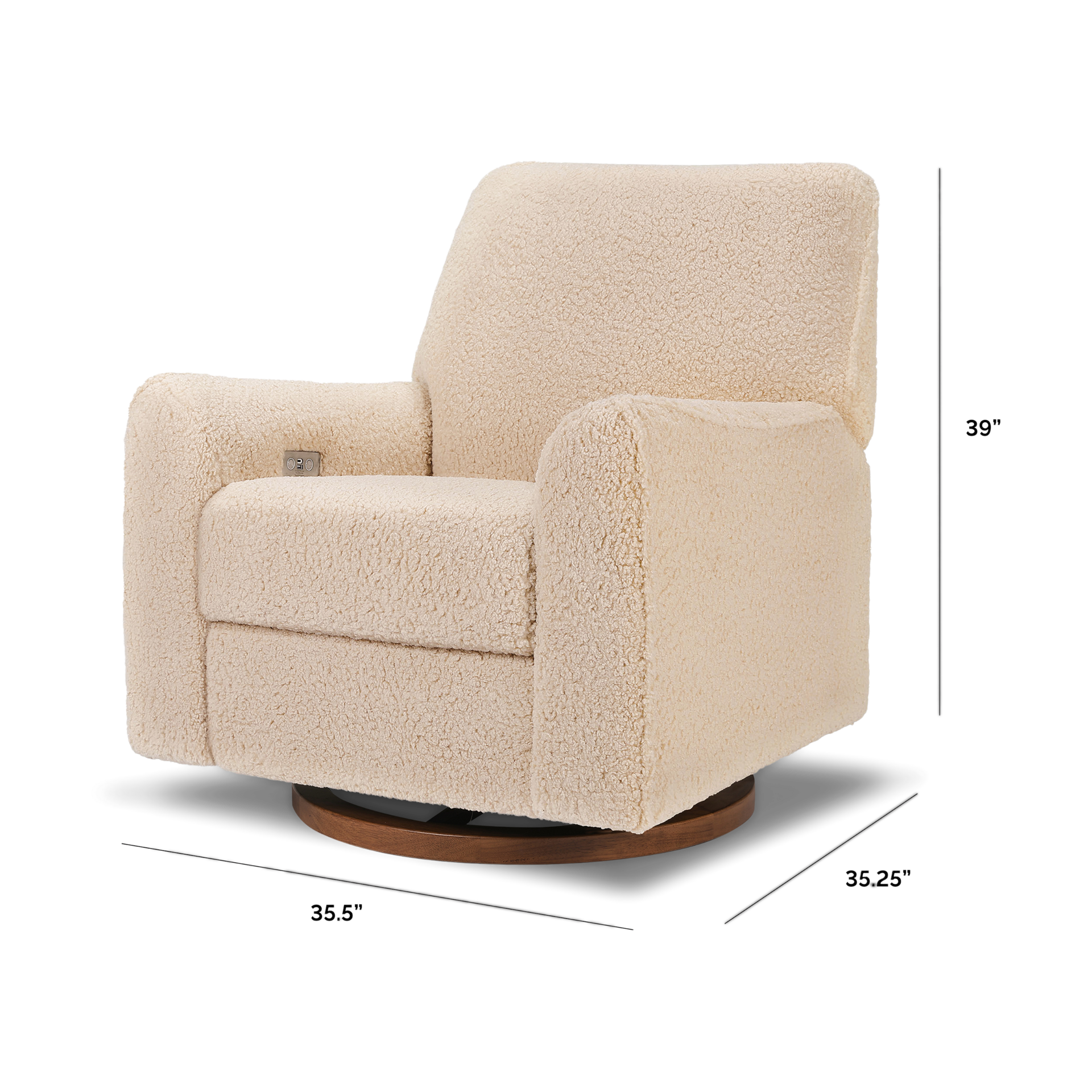 Nursery Works Sunday Power Recliner and Swivel Glider - Chai Shearling With Dark Wood Base.
