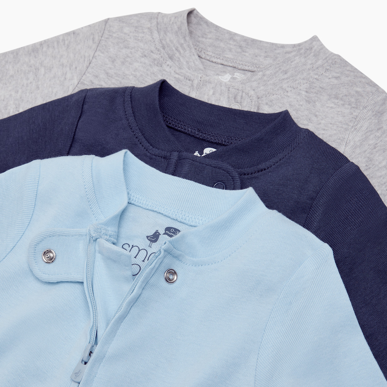Small Story Organic Cotton Solid Zipper Footie (3 Pack) - Heather Gray, Navy, Light Blue, 0-3 M.