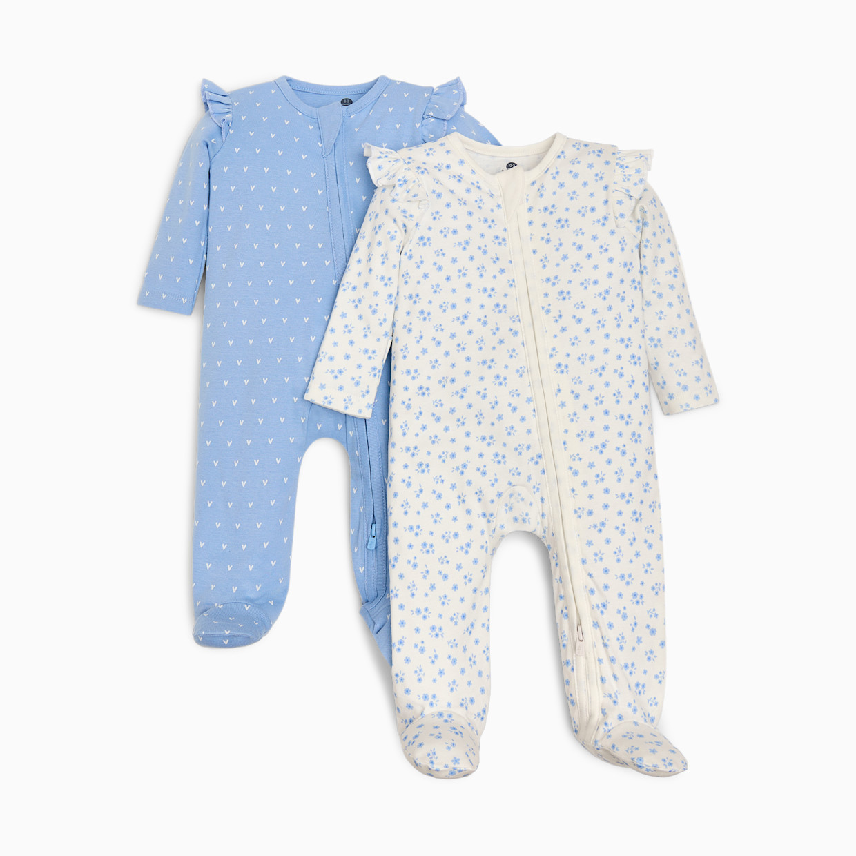 Small Story Organic Cotton Ruffle 2-Way Zip Footie (2 Pack) - Blue Floral & Mini Heart, 0-3 M.