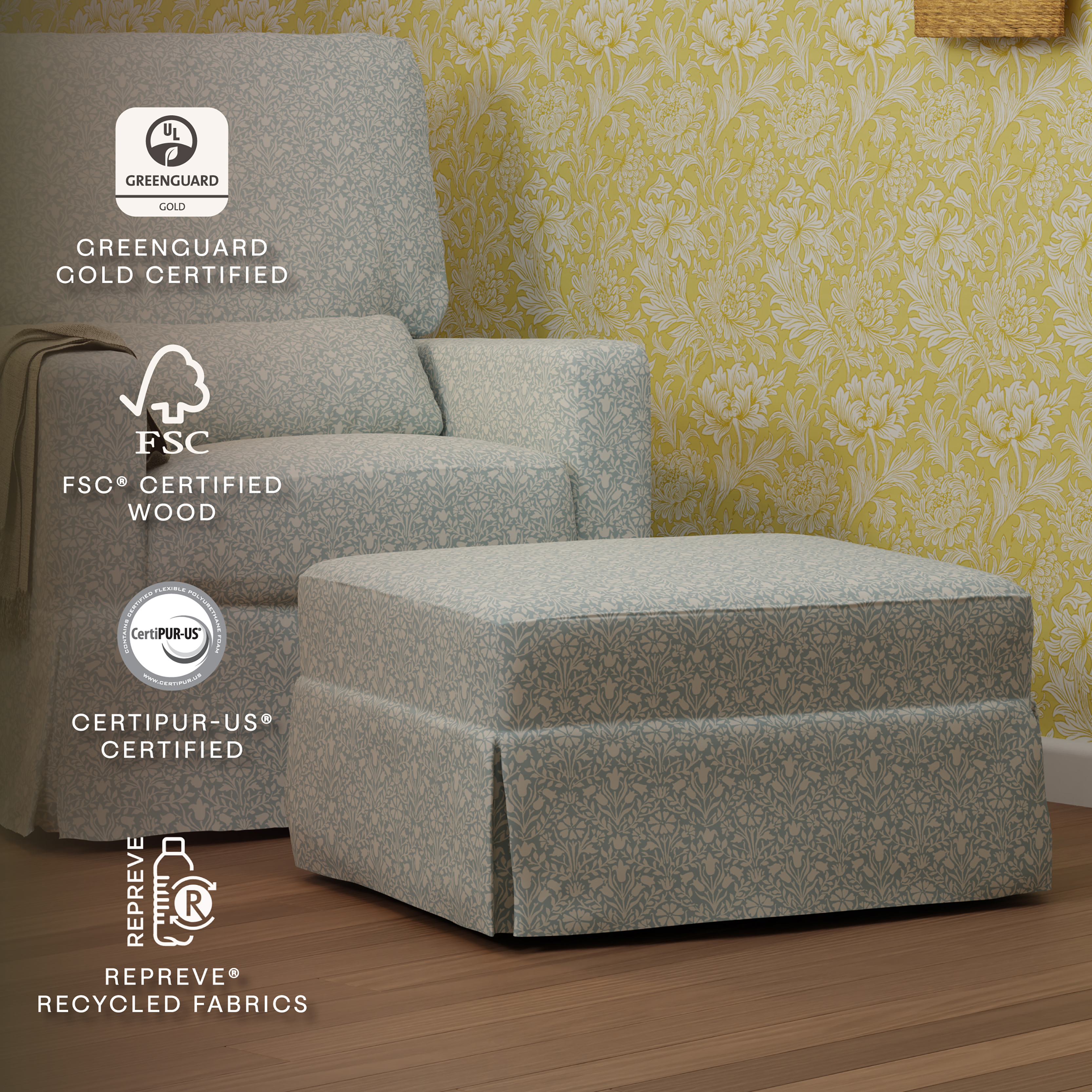 Namesake Morris & Co. x Namesake Crawford Gliding Ottoman - Bellflowers In Powdered Blue Performance Eco-Weave.