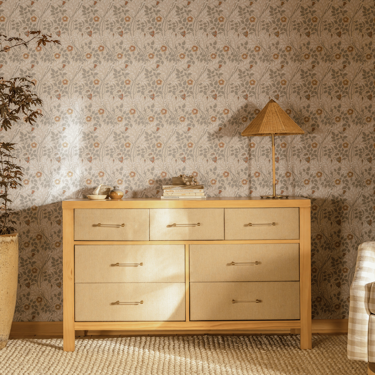 Namesake Eloise 7-Drawer Assembled Dresser - Honey And Performance Sand Eco-Weave.