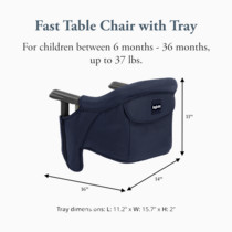 Navy blue fast table chair with tray dimensions and size.