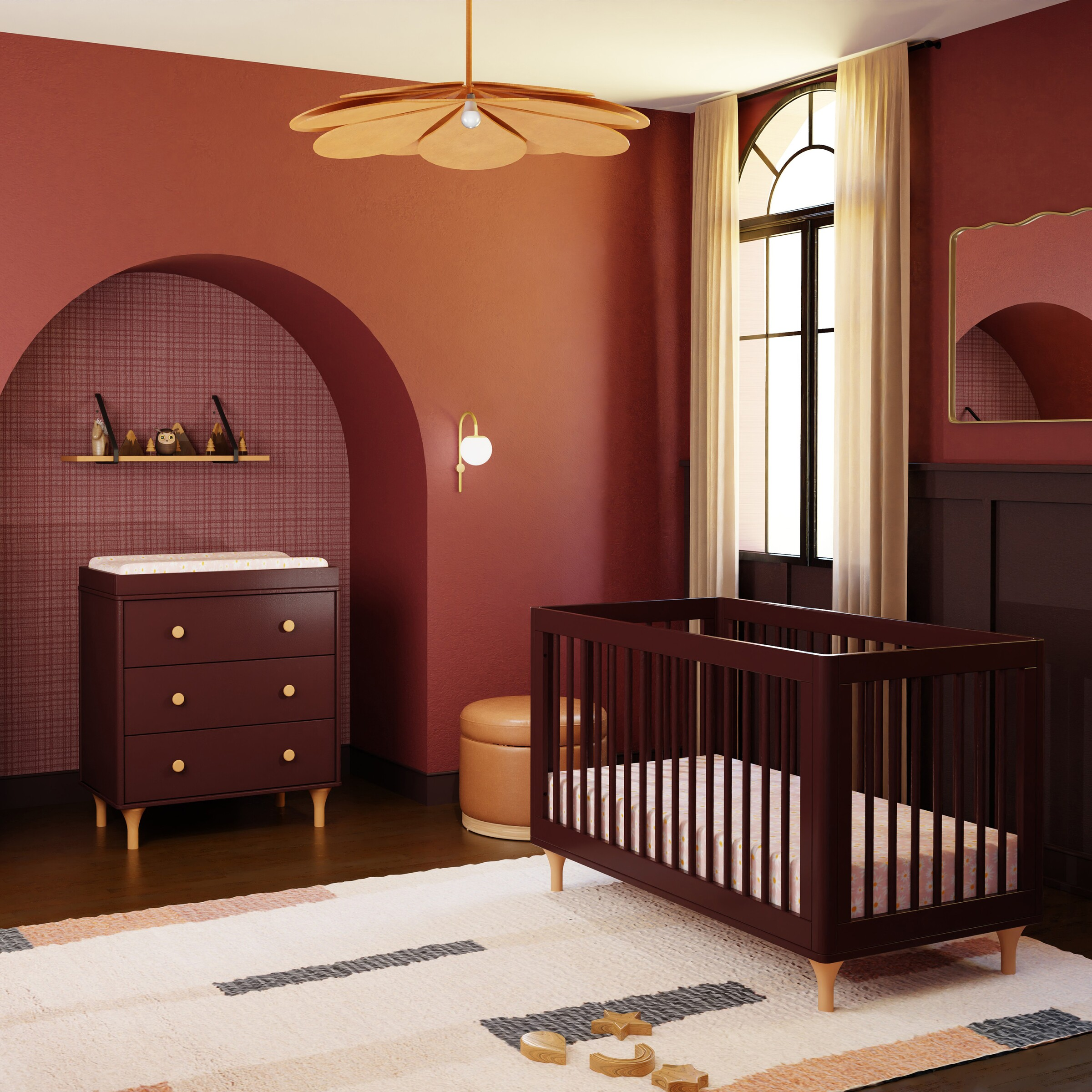 babyletto Lolly 3-in-1 Convertible Crib with Toddler Bed Conversion Kit - Crimson/Natural.
