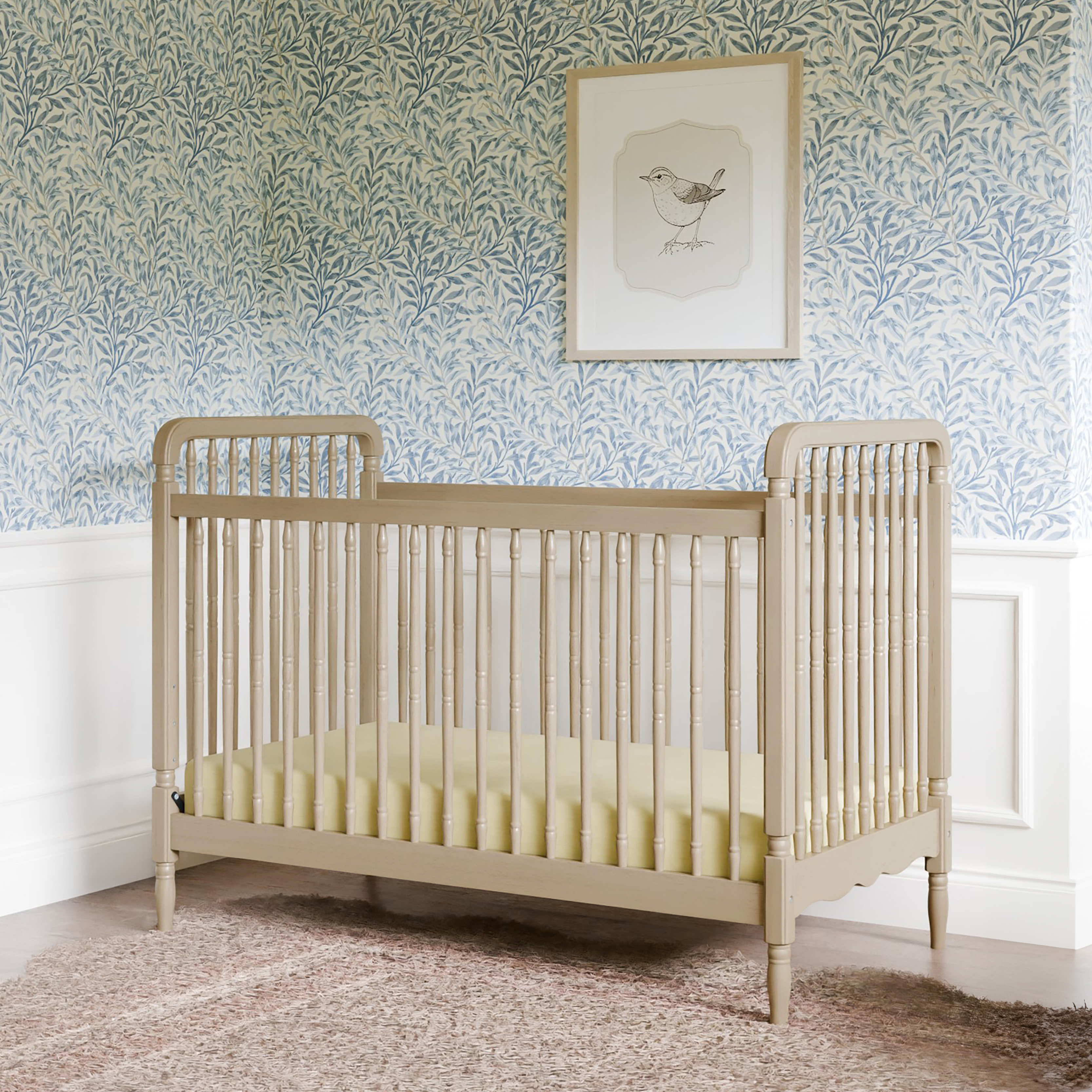 Namesake Liberty 3-in-1 Convertible Spindle Crib with Toddler Bed Conversion Kit - Washed Pine.